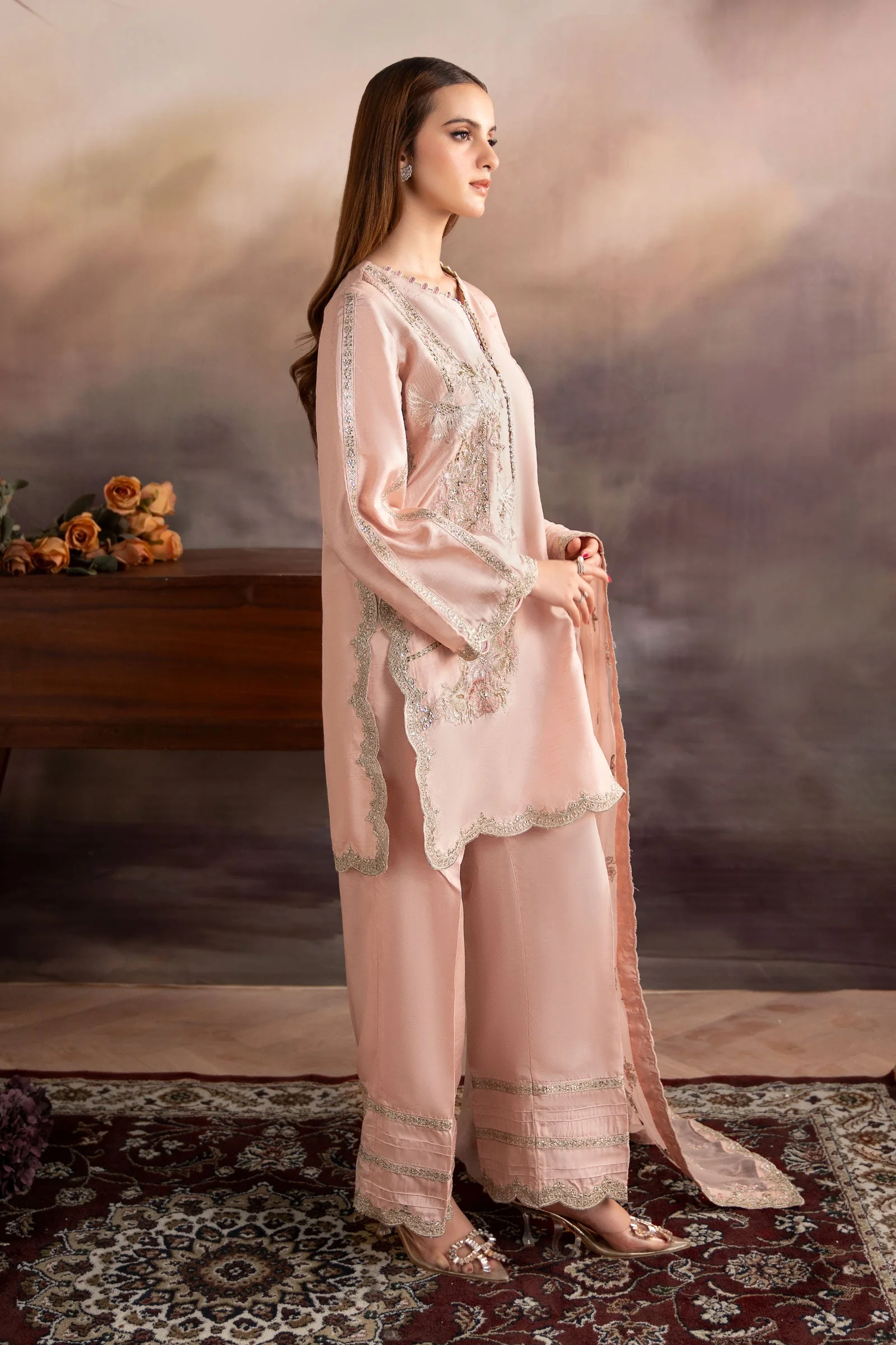 3 Piece Embroidered Raw Silk Suit - Image 8