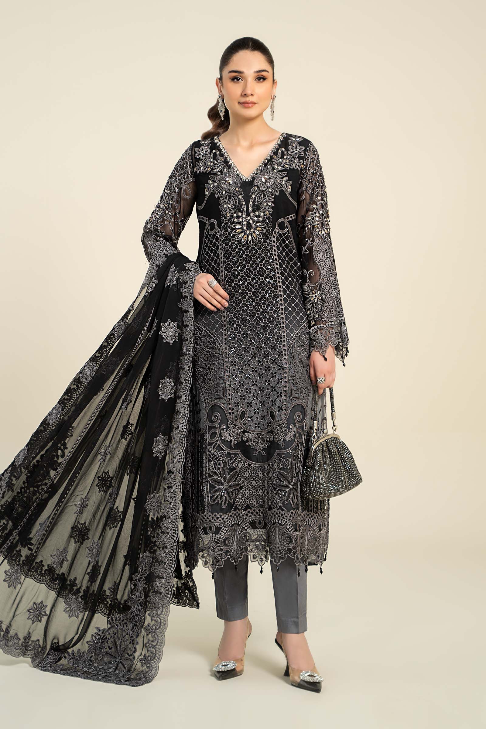 3 Piece Embroidered Chiffon Suit | MCS-24-101