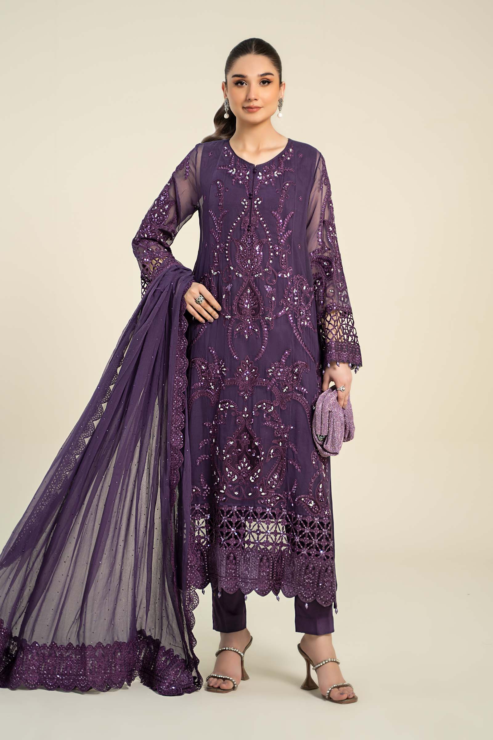 3 Piece Embroidered Chiffon Suit | MCS-24-102