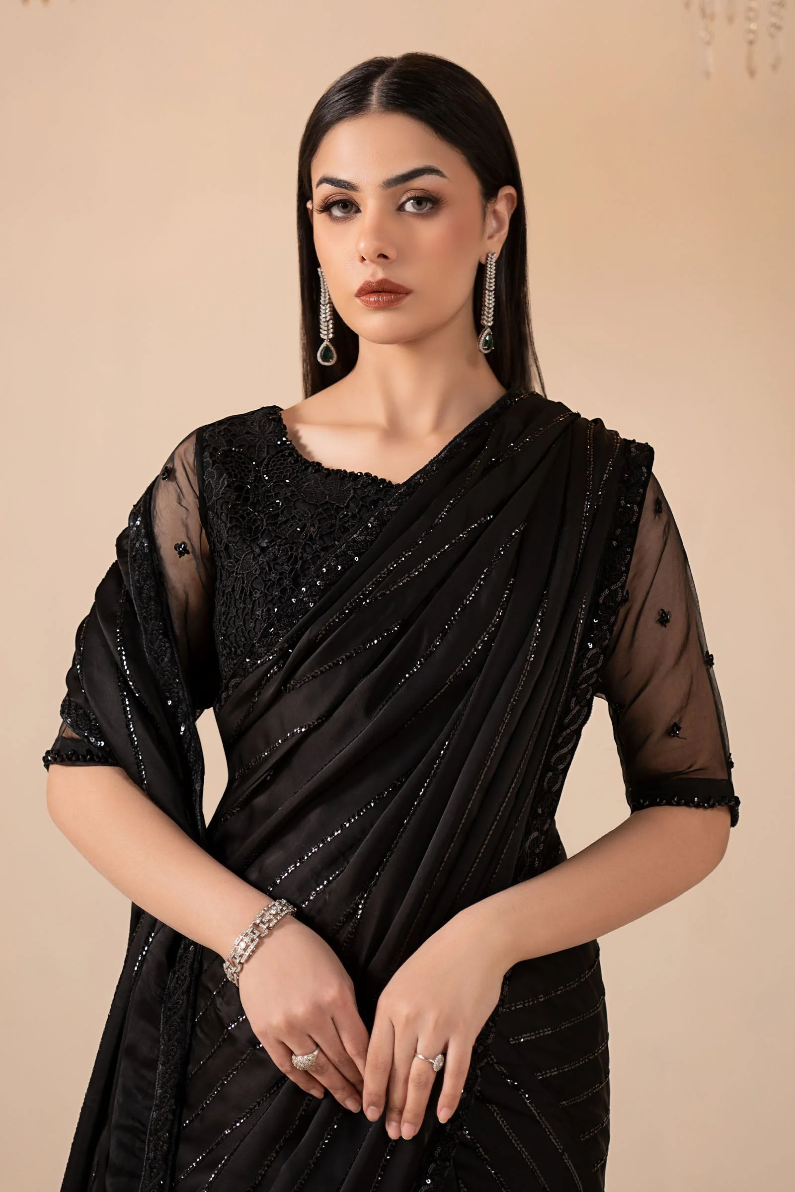 Embroidered Charmeuse Silk Saree - Image 3