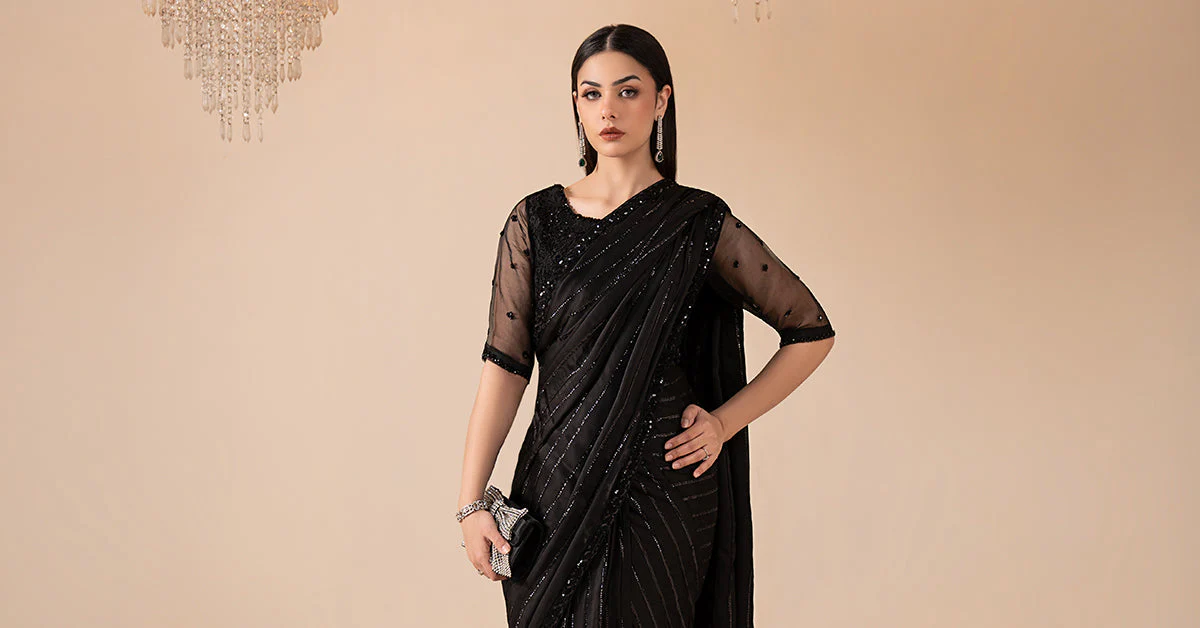 Embroidered Charmeuse Silk Saree - Image 9