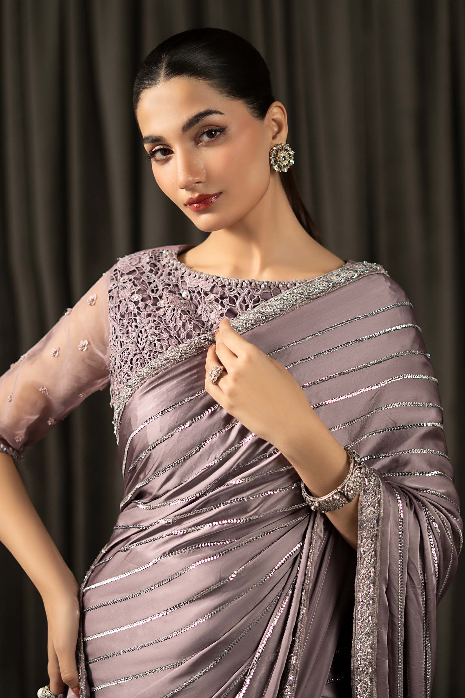 Embroidered Charmeuse Silk Saree - Image 2