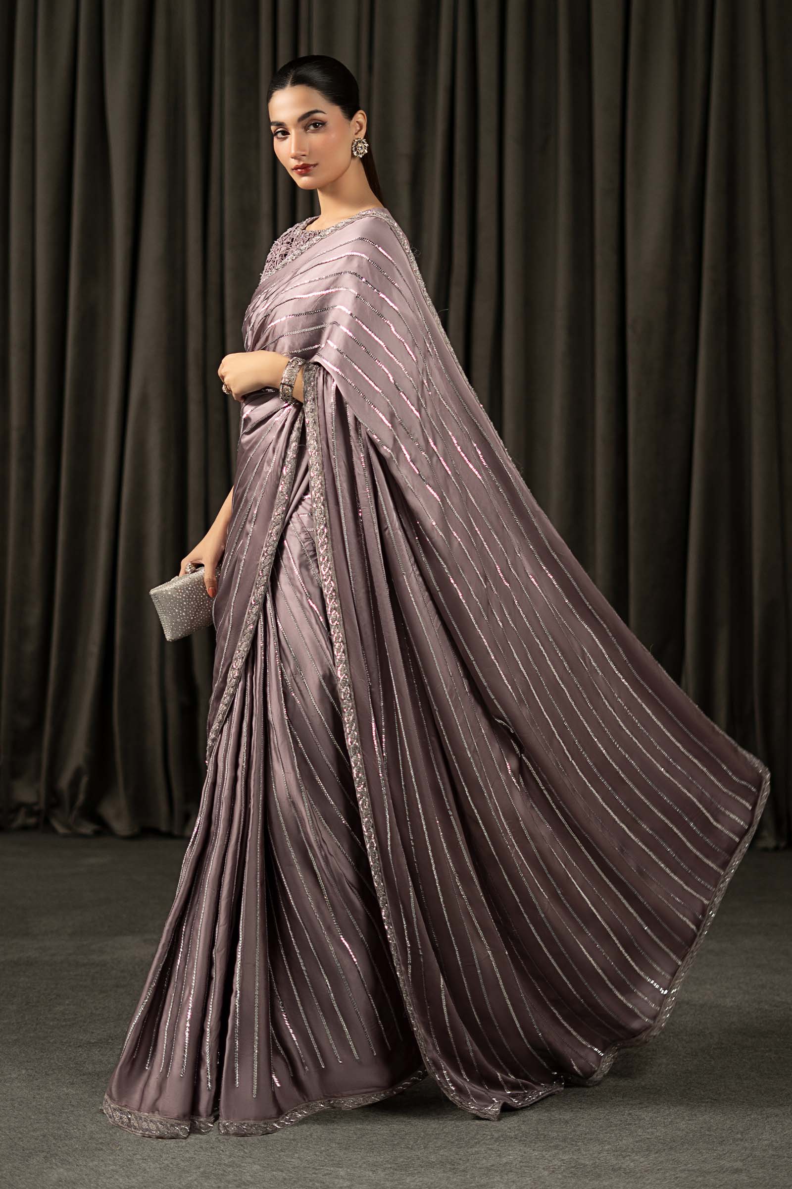 Embroidered Charmeuse Silk Saree - Image 6