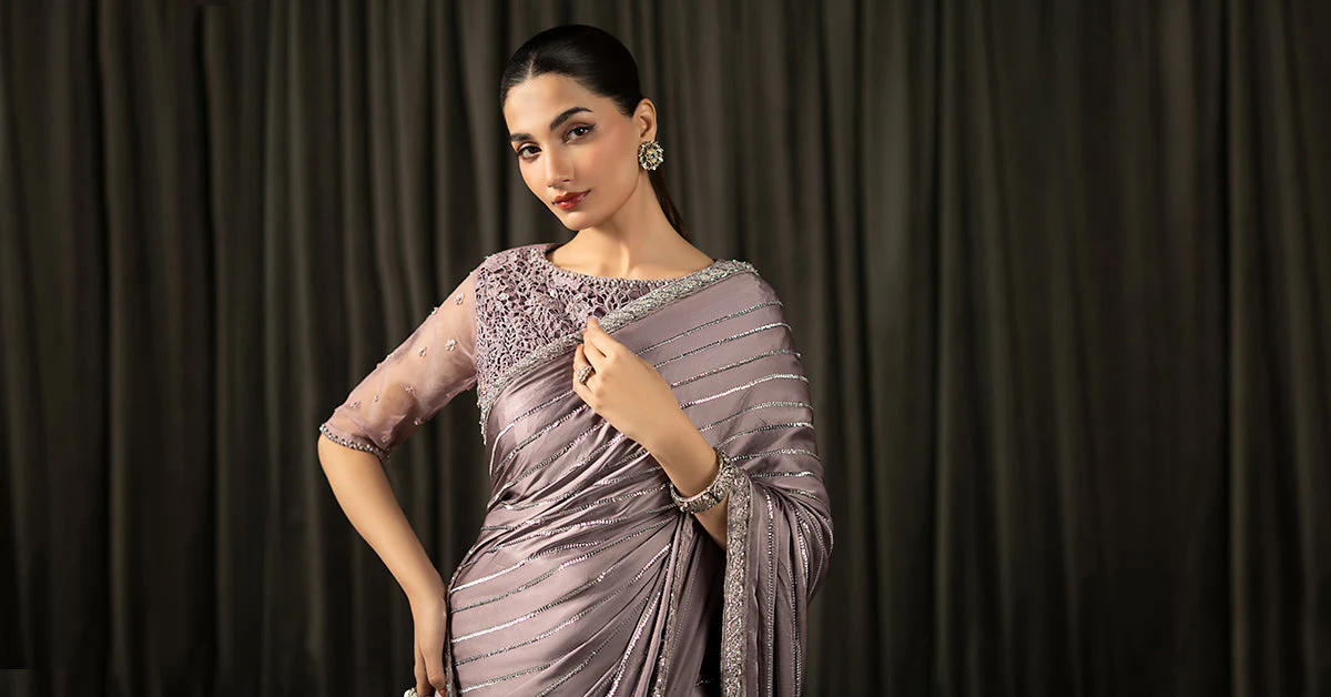 Embroidered Charmeuse Silk Saree - Image 8