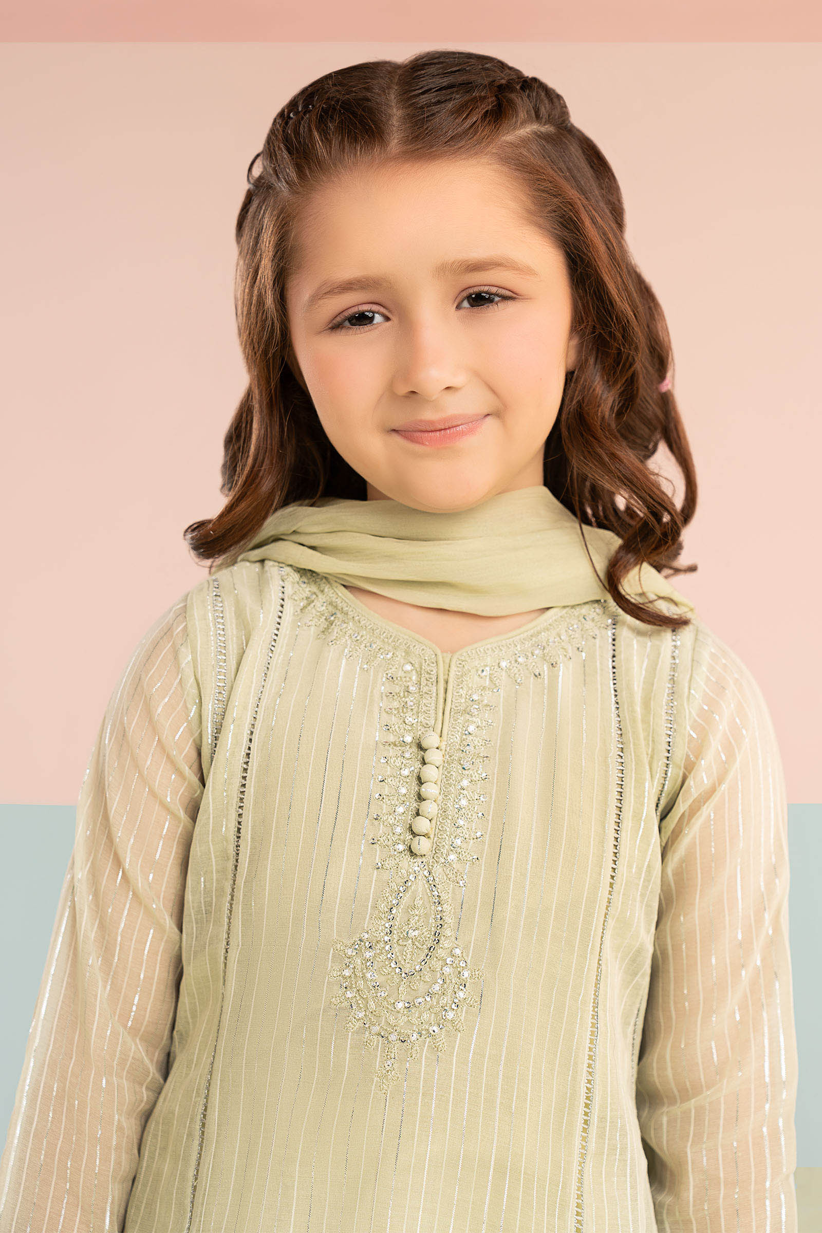 3 Piece Embroidered Striped Lurex Yarn Dyed Suit - Image 3