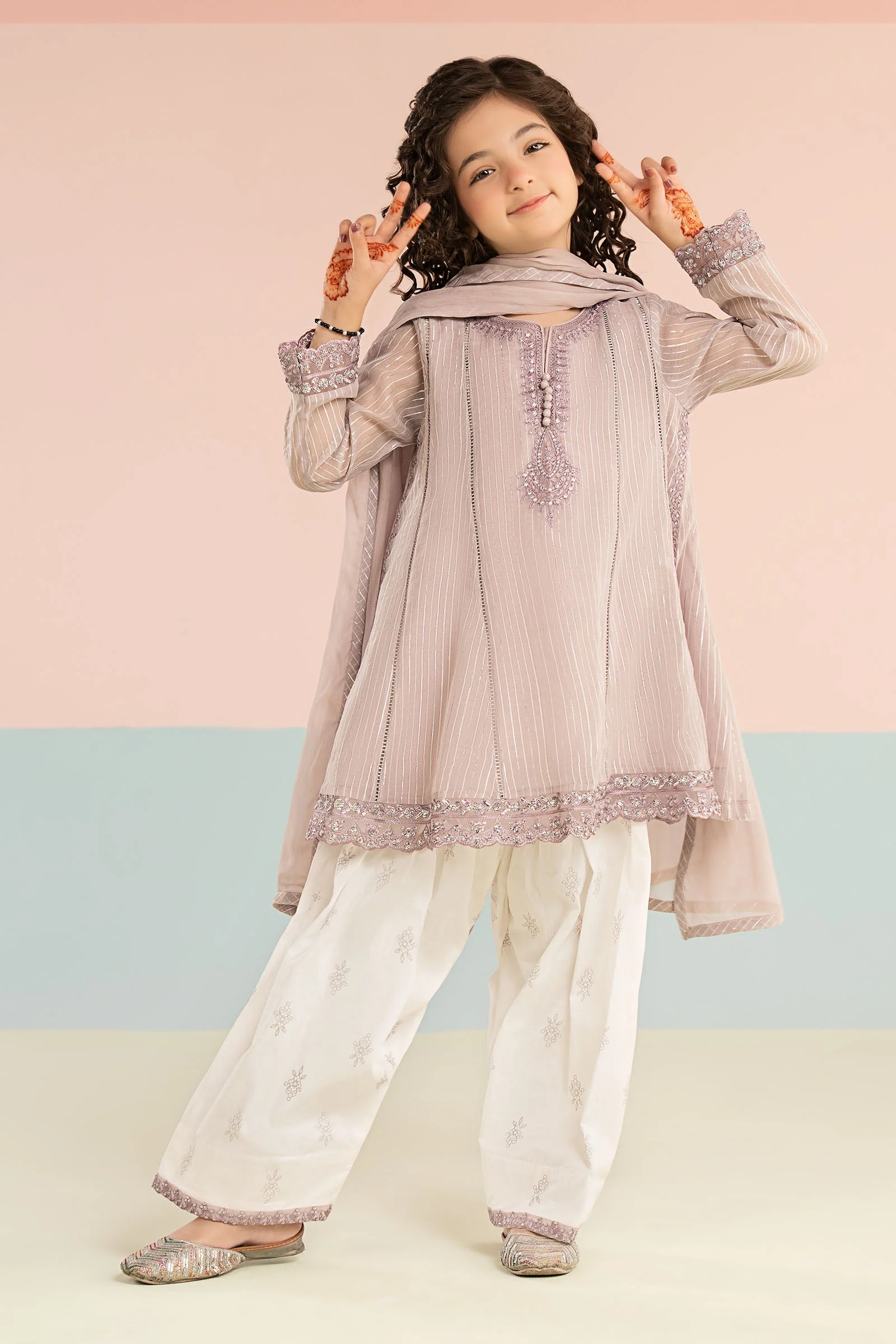 3 Piece Embroidered Striped Lurex Yarn Dyed Suit - Image 3