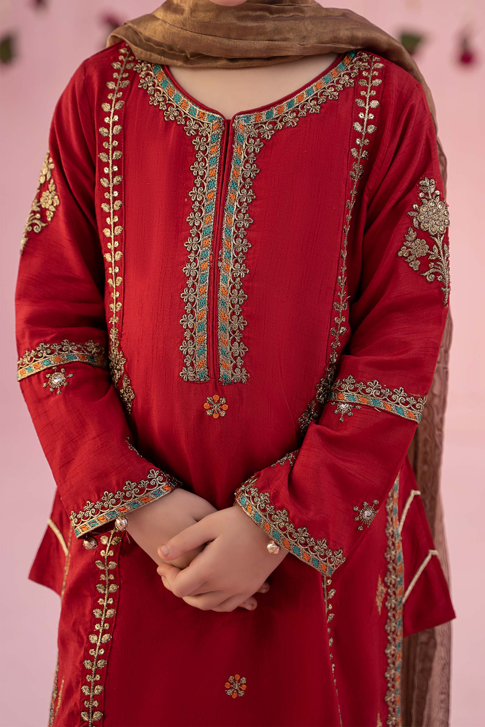 3 Piece Embroidered Raw Silk Suit - Image 3
