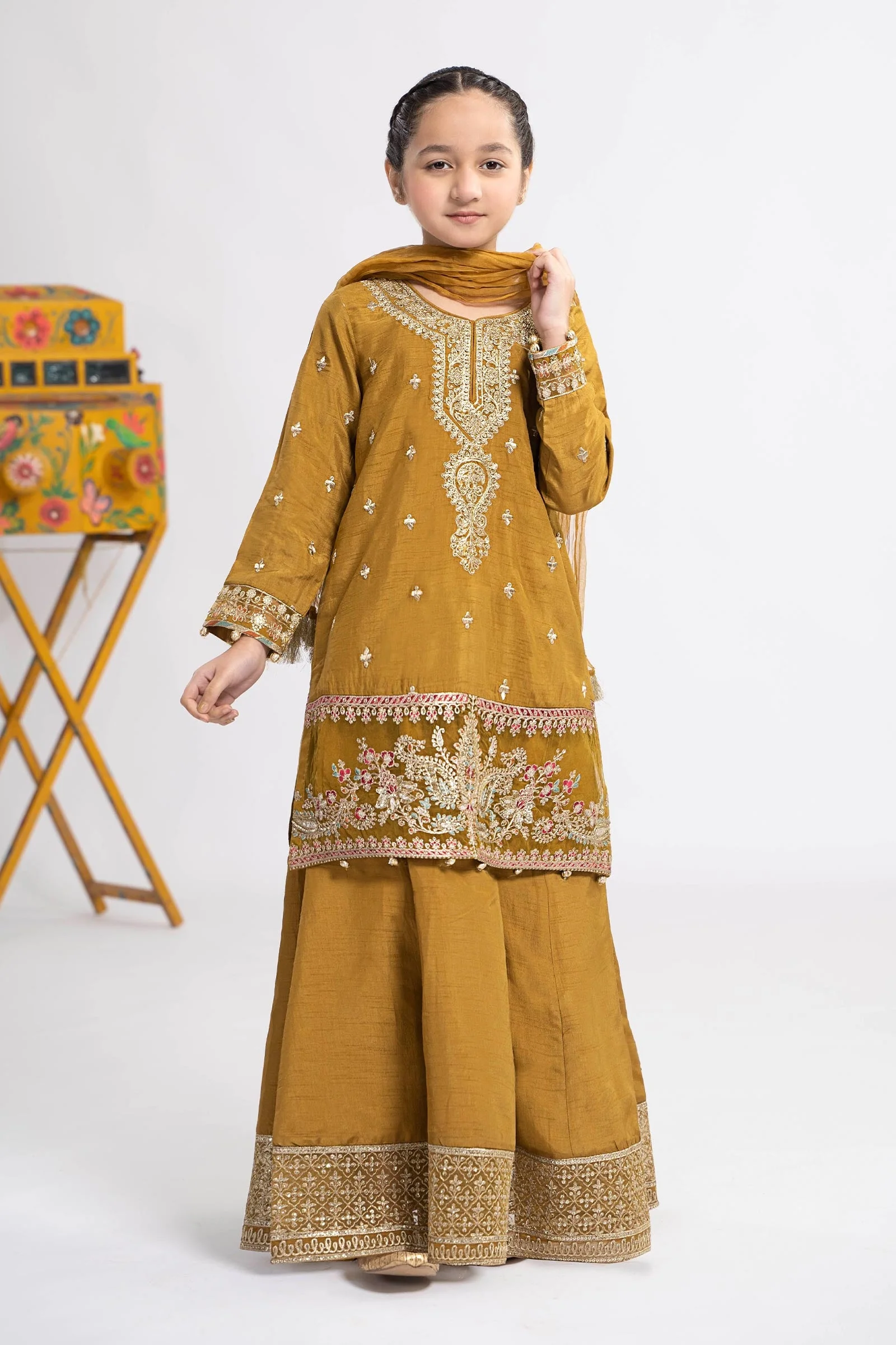 3 Piece Embroidered Raw Silk Suit