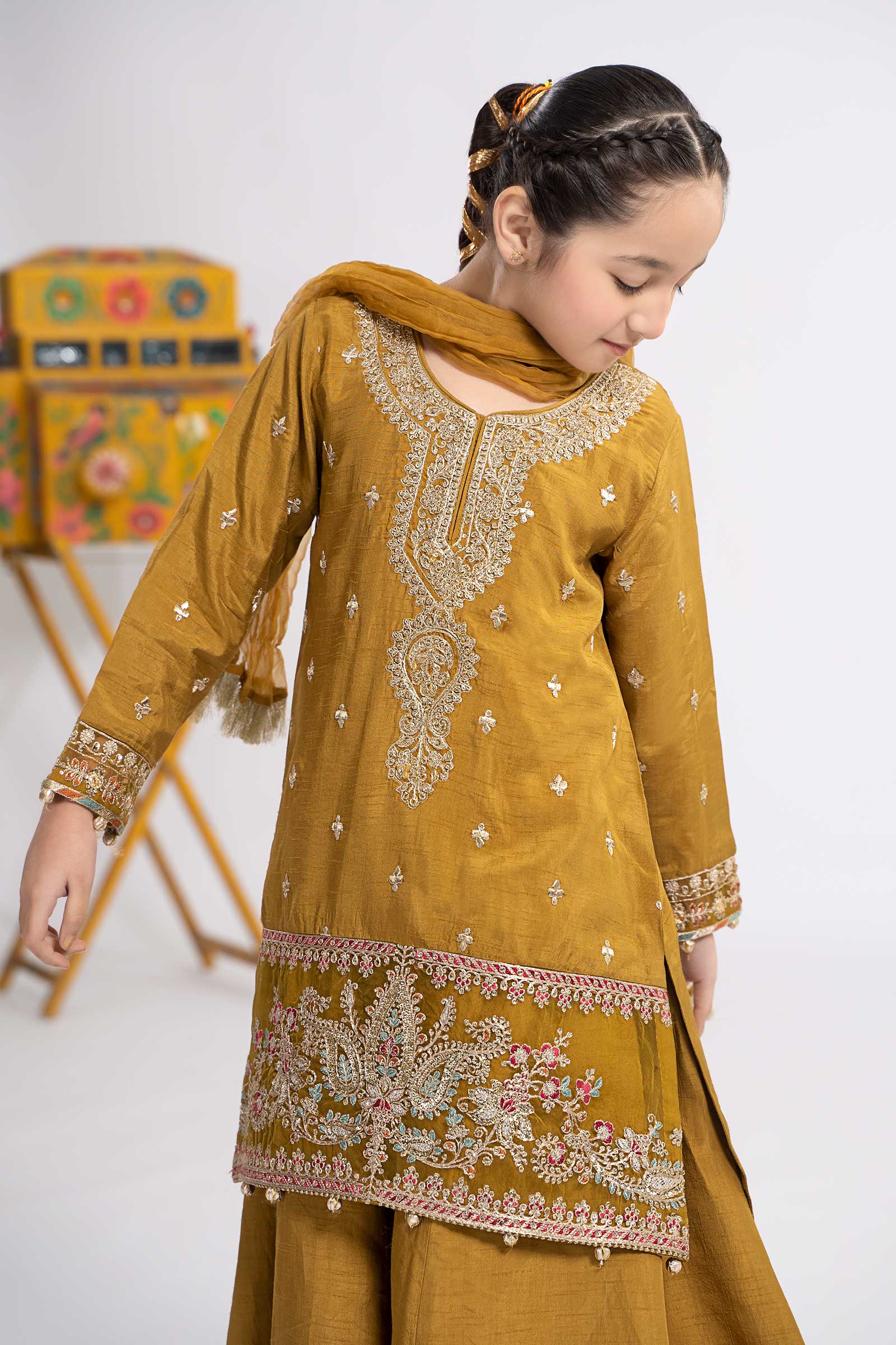 3 Piece Embroidered Raw Silk Suit - Image 3