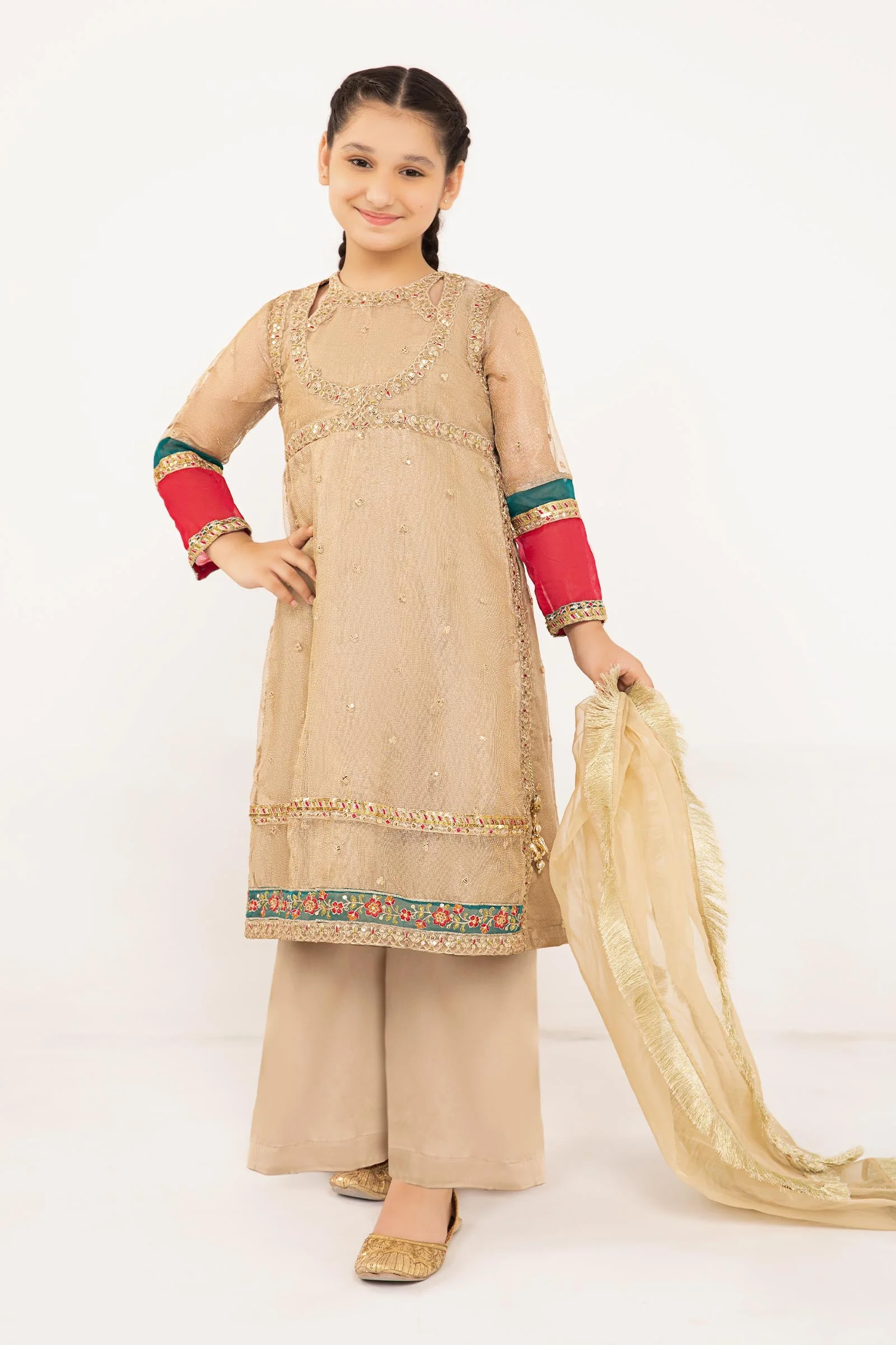 3 Piece Embroidered Zari Net Suit