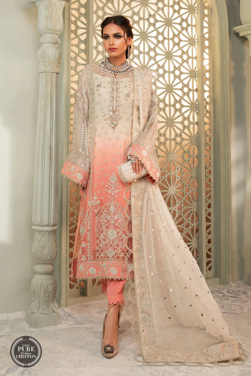 Unstitched Chiffon - MPC-22-208-Cream and Coral Pink
