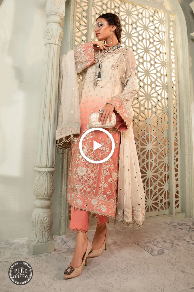 Unstitched Chiffon - MPC-22-208-Cream and Coral Pink - Image 4