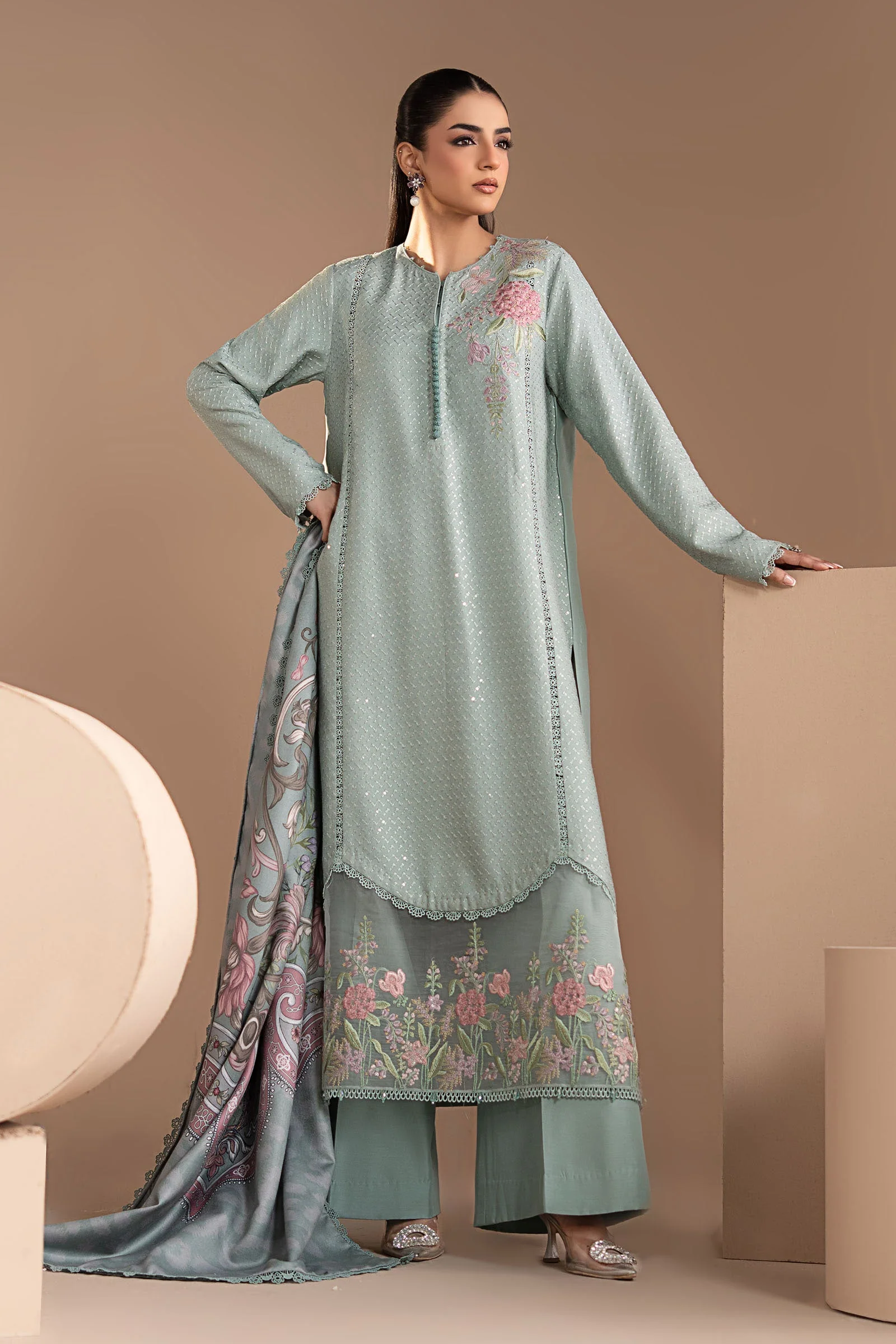 3 Piece Embroidered Twill Linen Suit - Image 7