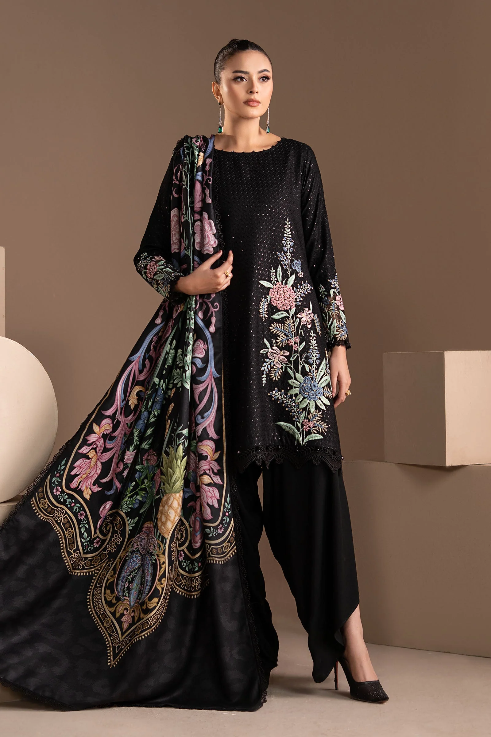 3 Piece Embroidered Twill Linen Suit