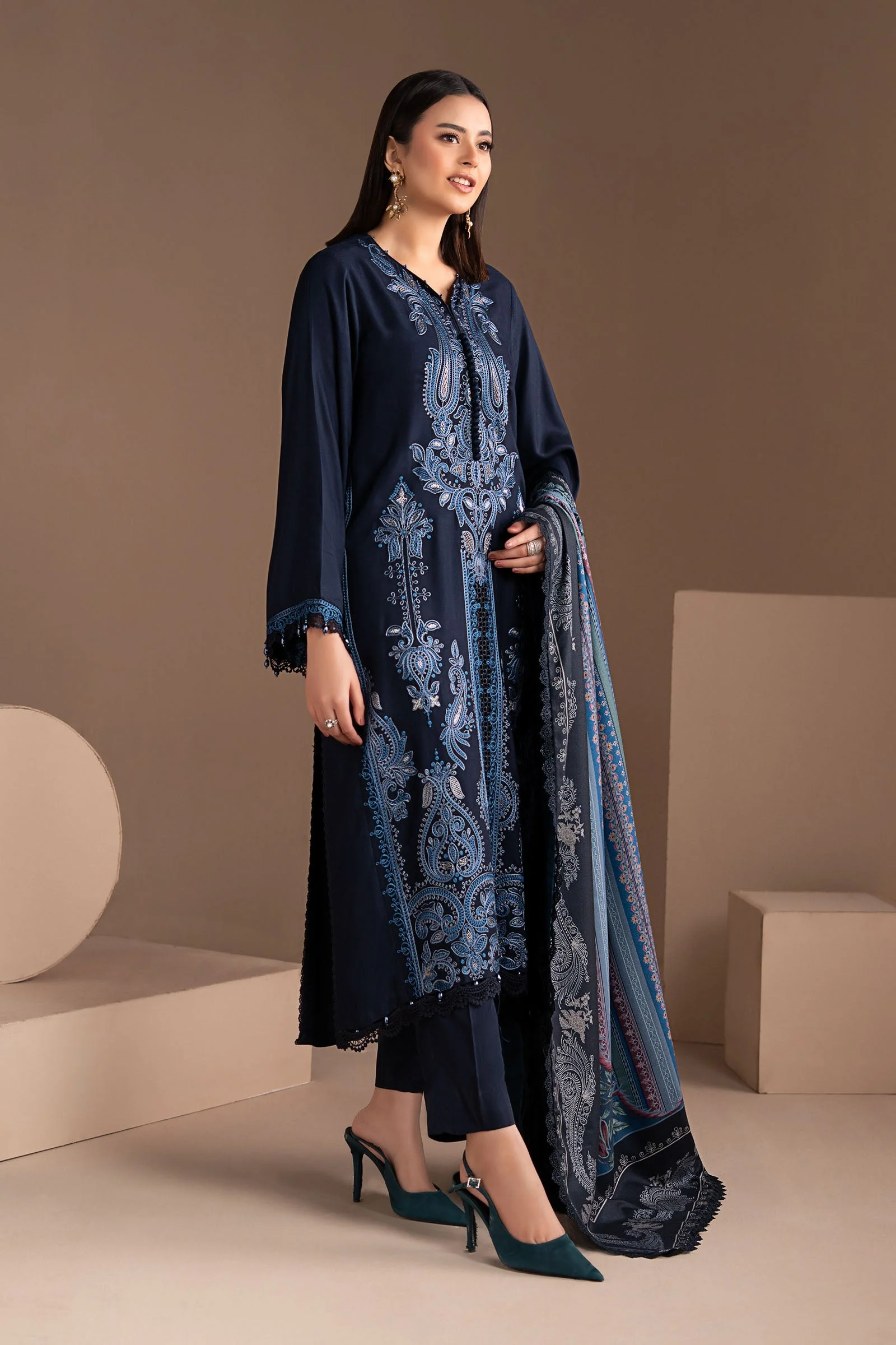 3 Piece Embroidered Twill Linen Suit - Image 11