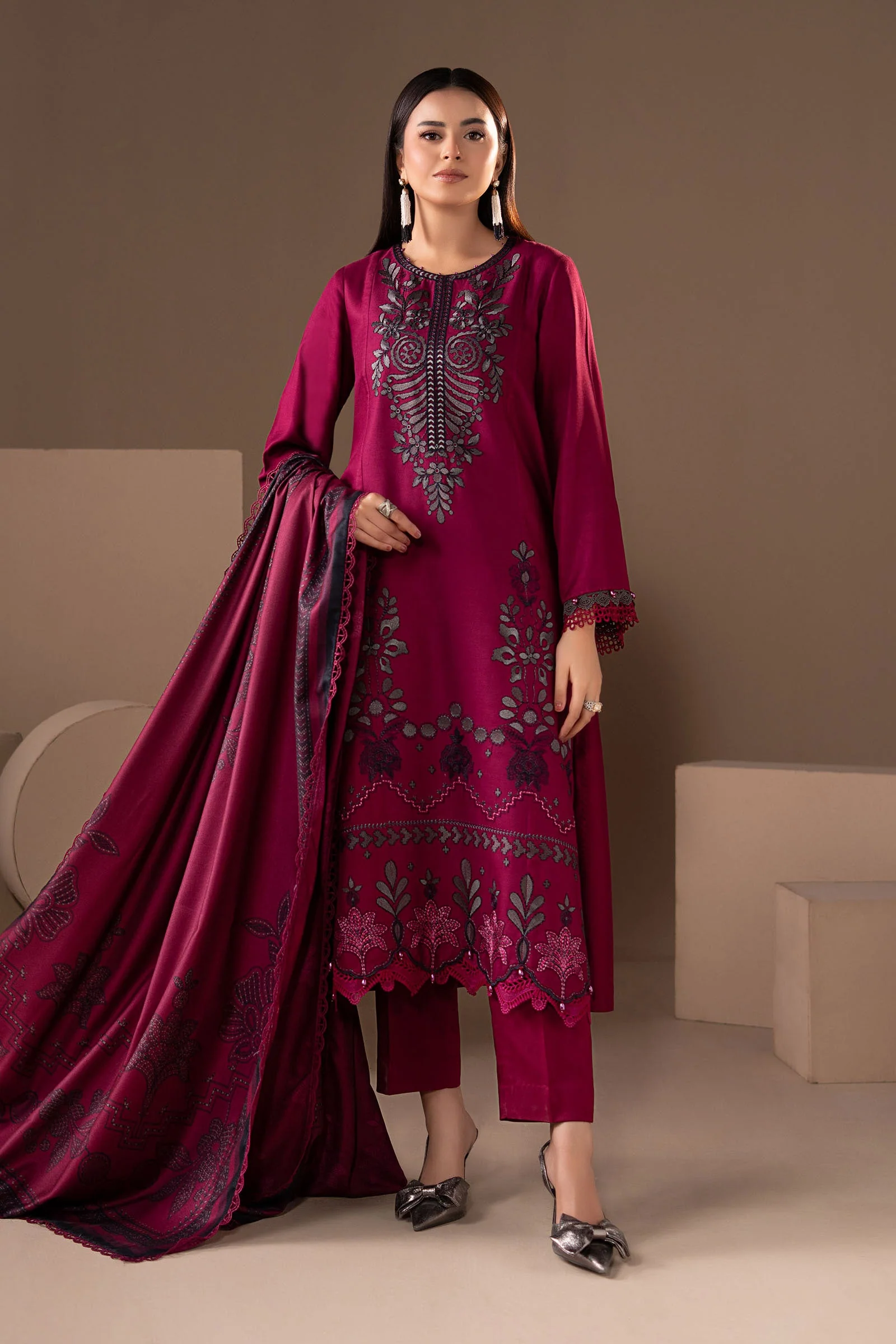 3 Piece Embroidered Twill Linen Suit