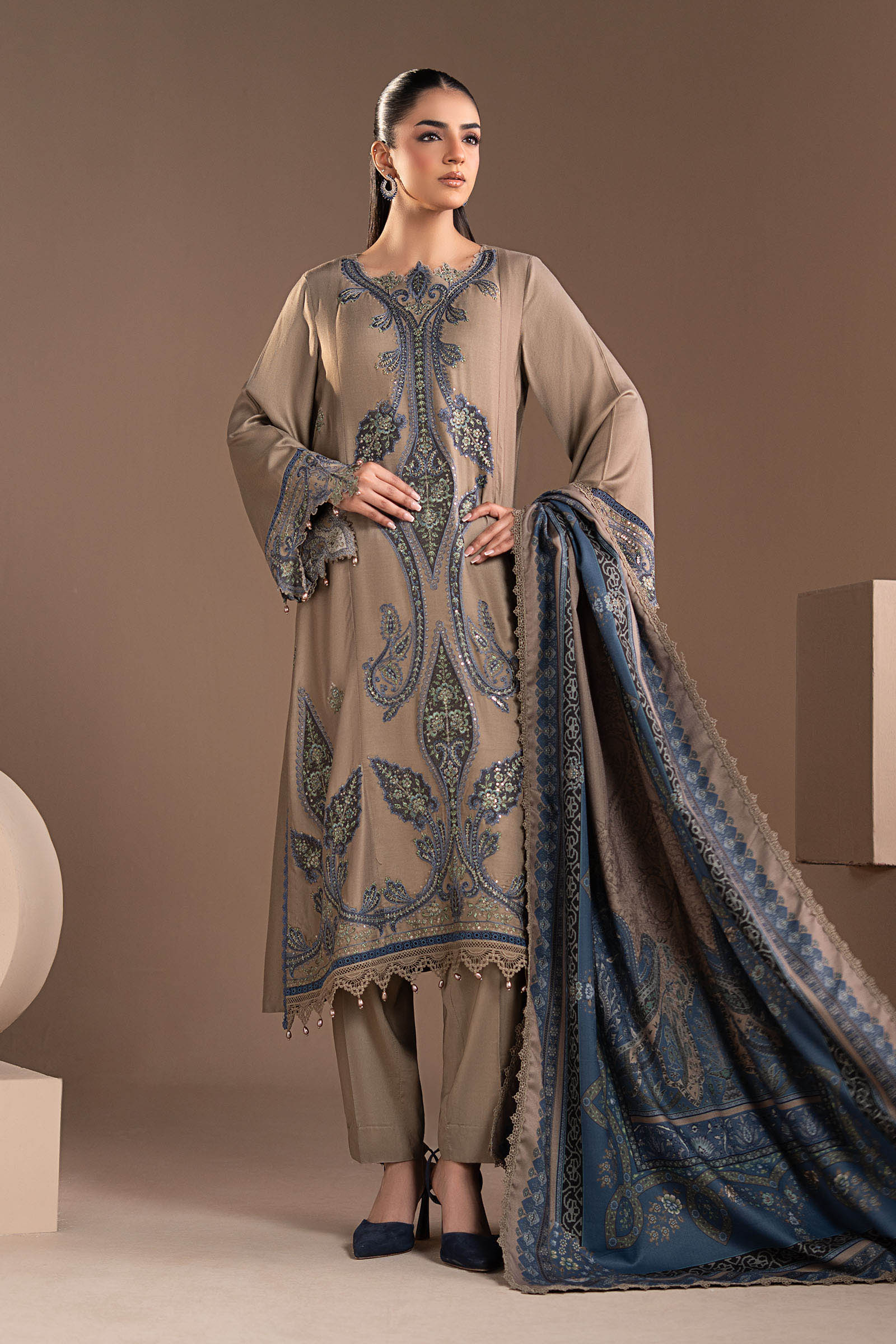 3 Piece Embroidered Twill Linen Suit