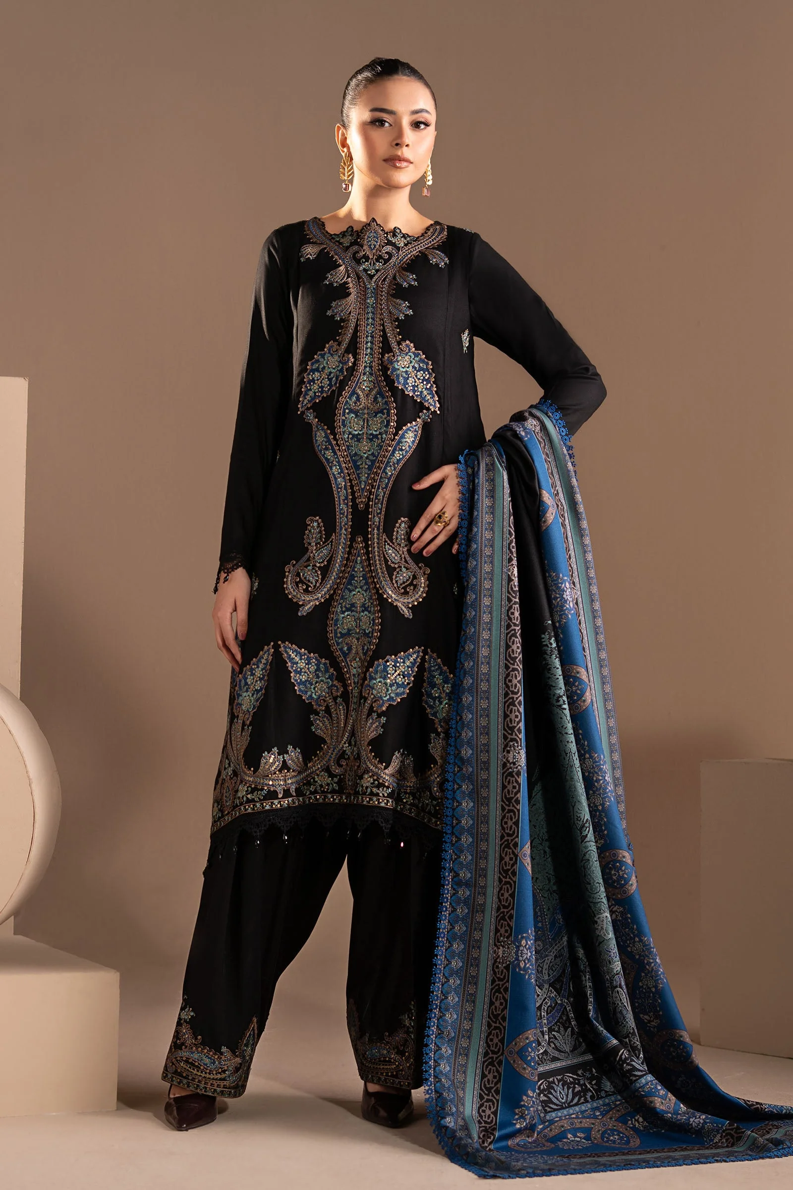 3 Piece Embroidered Twill Linen Suit