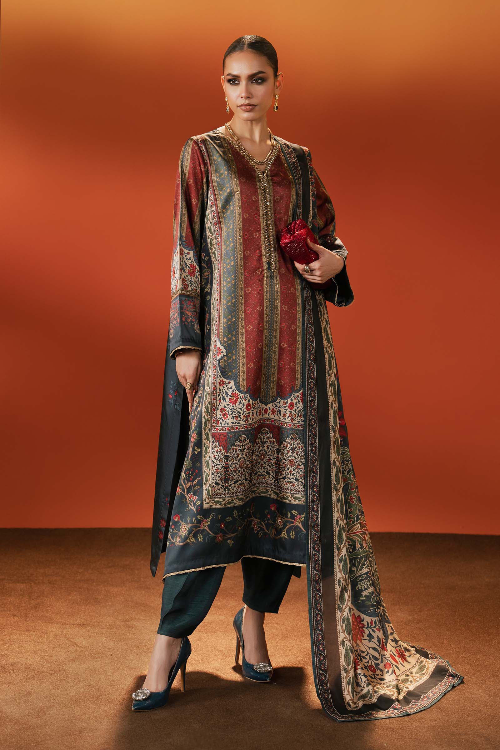 3 Piece Embroidered Satin Silk Suit - Image 3
