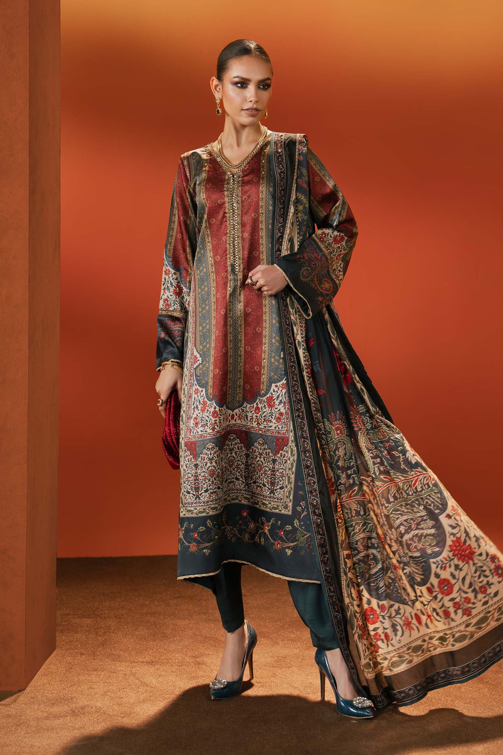 3 Piece Embroidered Satin Silk Suit - Image 6