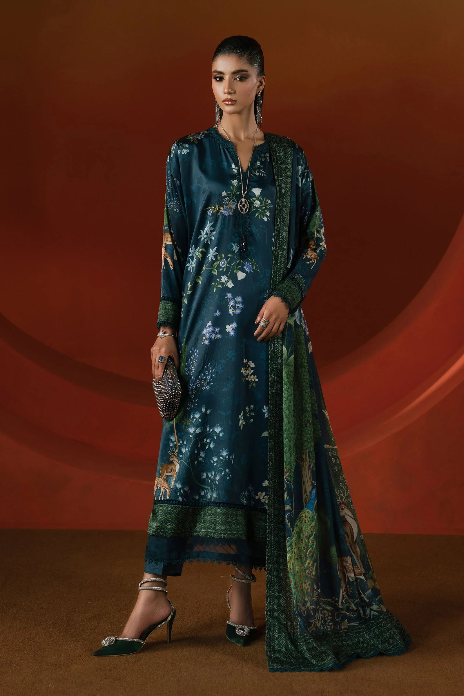3 Piece Printed Satin Silk Suit - Image 2