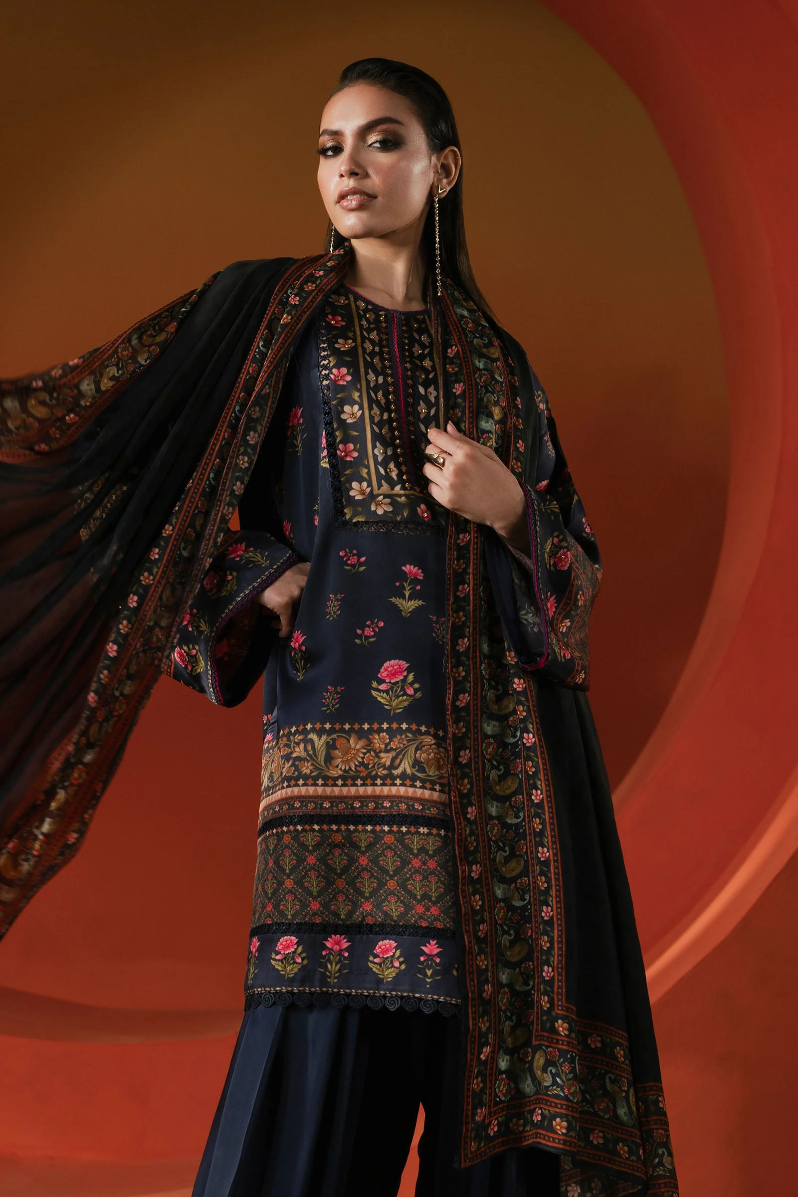 3 Piece Printed Satin Silk Suit