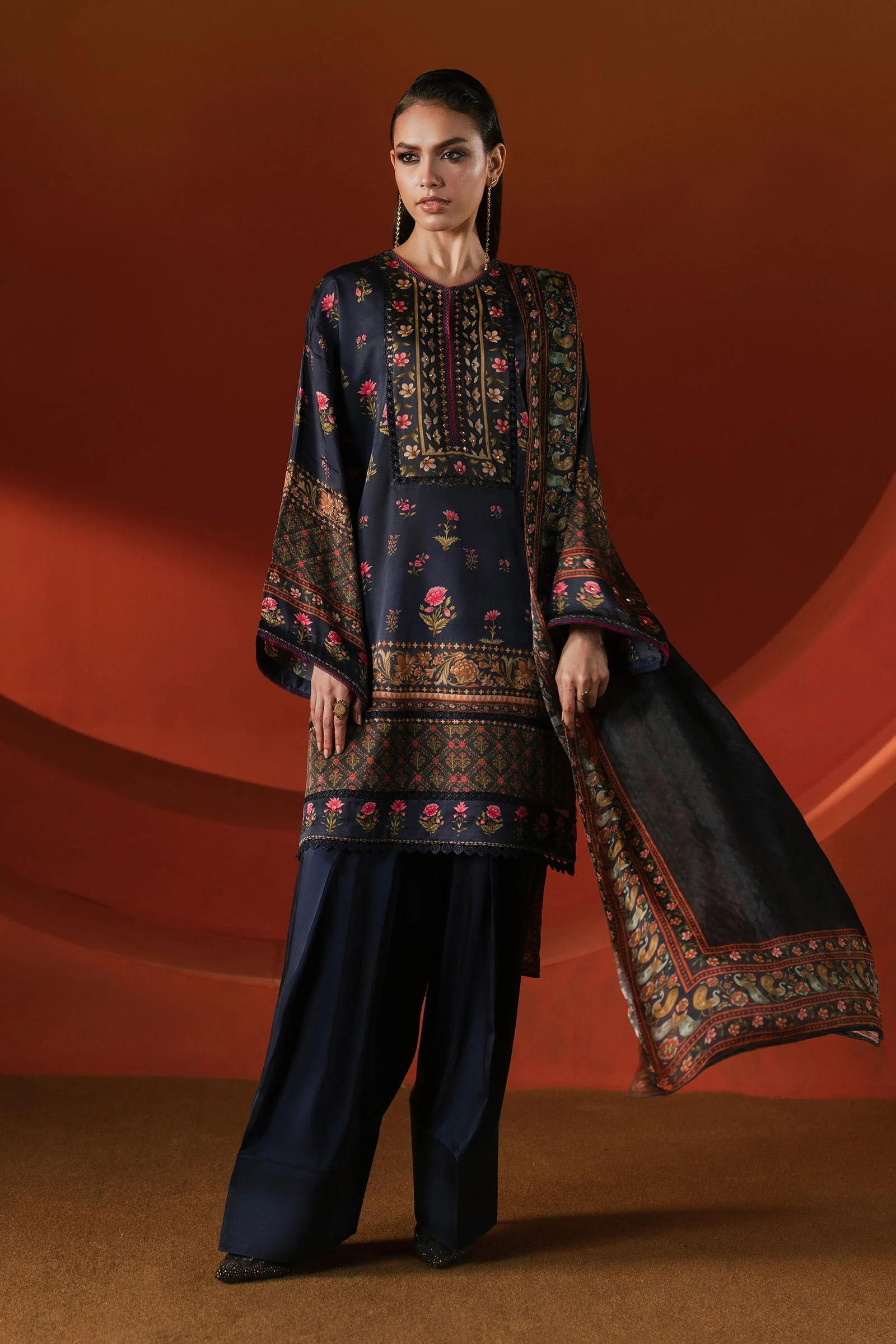 3 Piece Printed Satin Silk Suit - Image 2