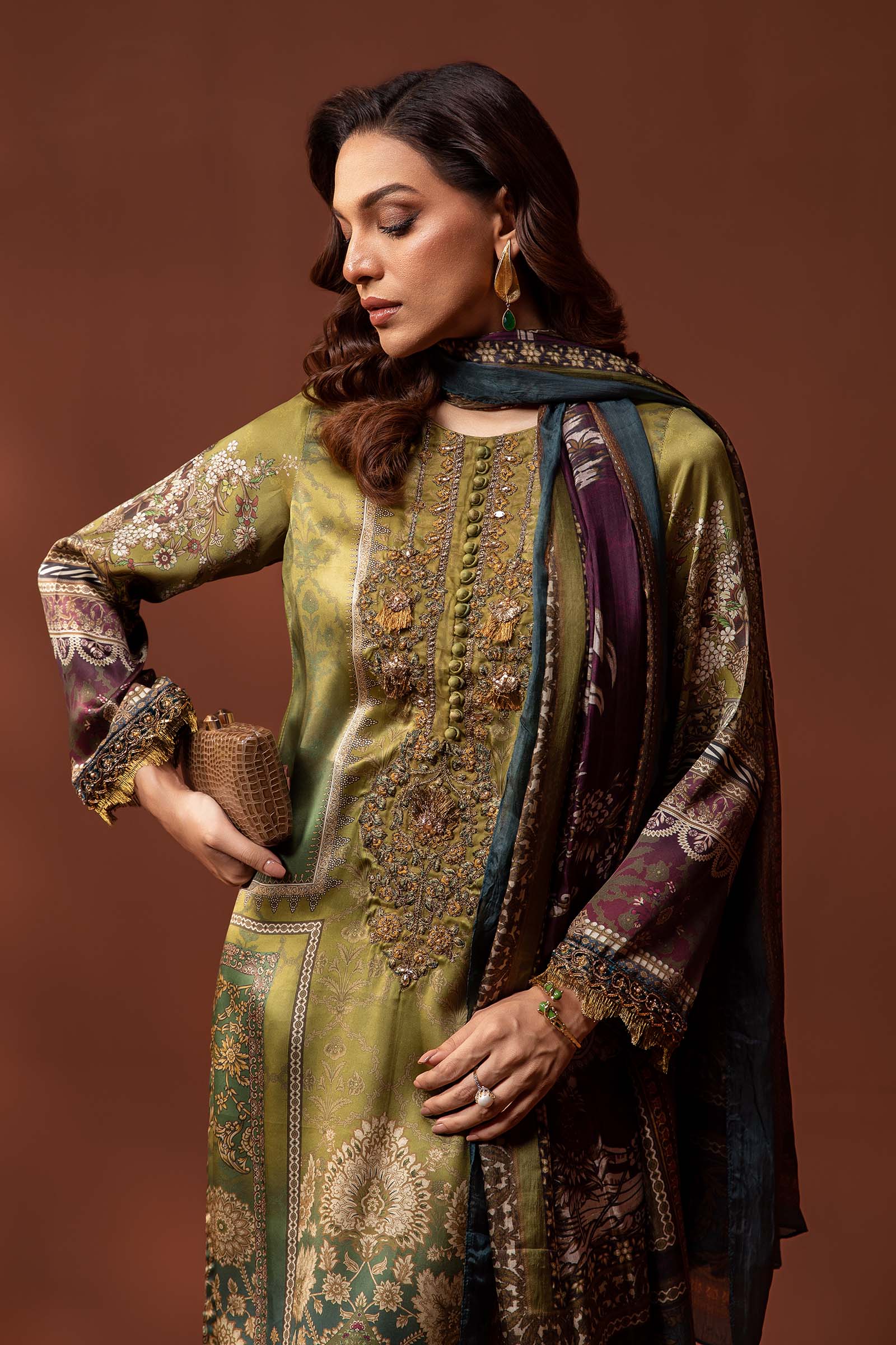 3 Piece Embroidered Pure Charmeuse Silk Suit - Image 4
