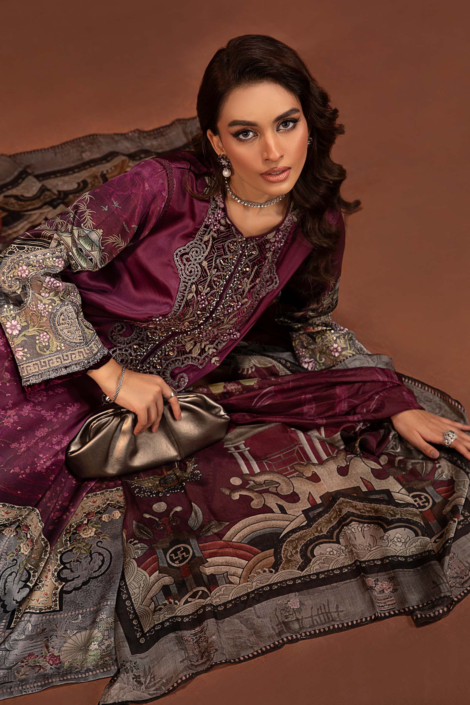 3 Piece Embroidered Pure Charmeuse Silk Suit - Image 2