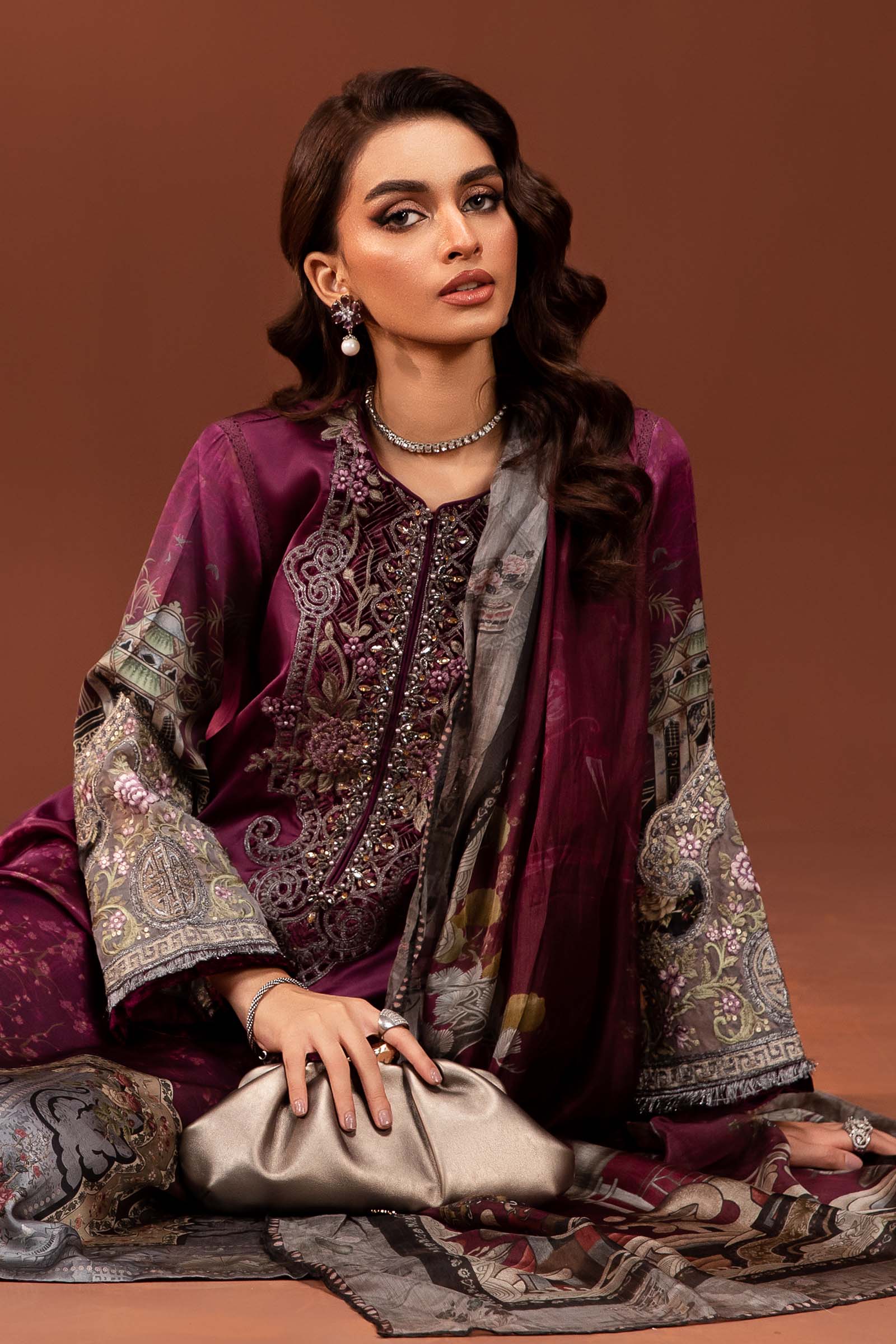 3 Piece Embroidered Pure Charmeuse Silk Suit - Image 5
