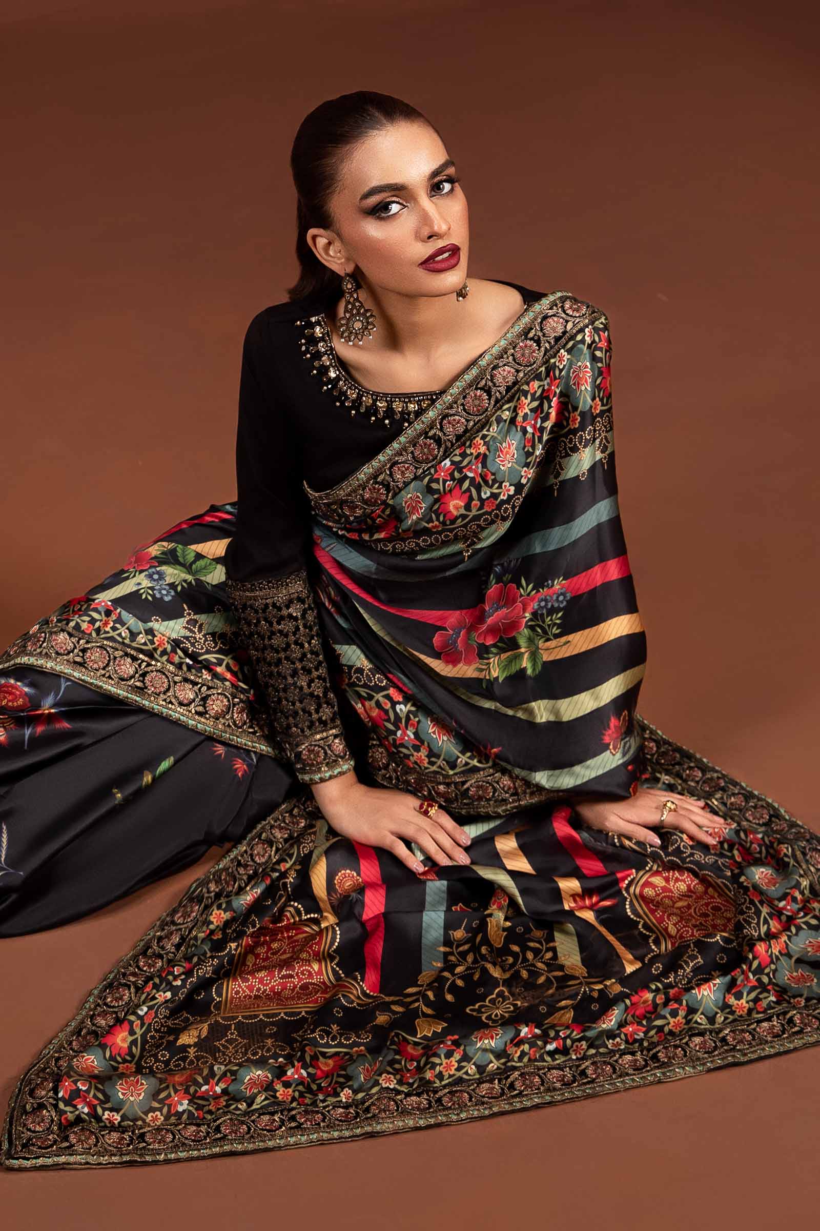 Embroidered Pure Charmeuse Silk Saree - Image 4