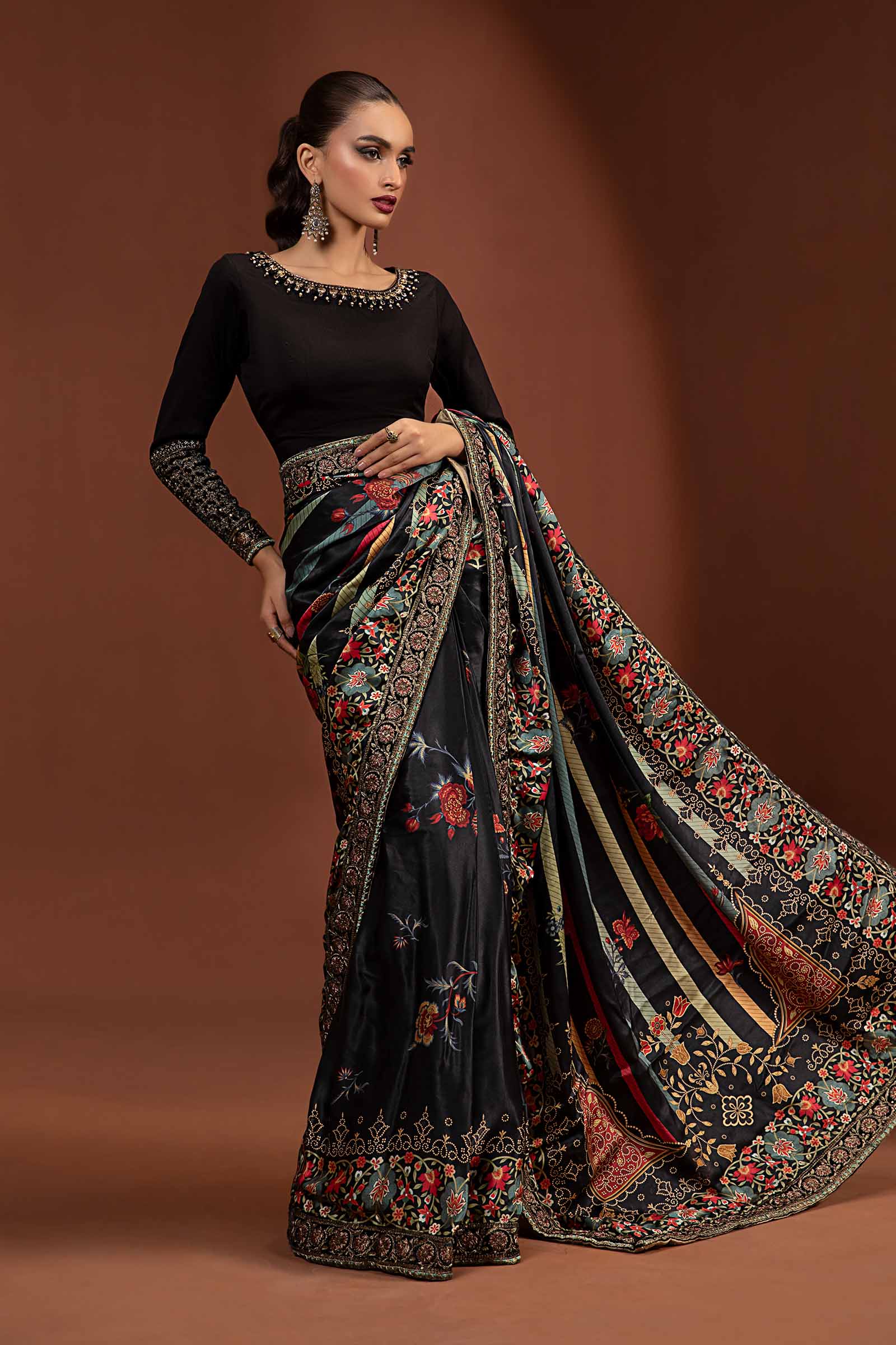 Embroidered Pure Charmeuse Silk Saree - Image 5