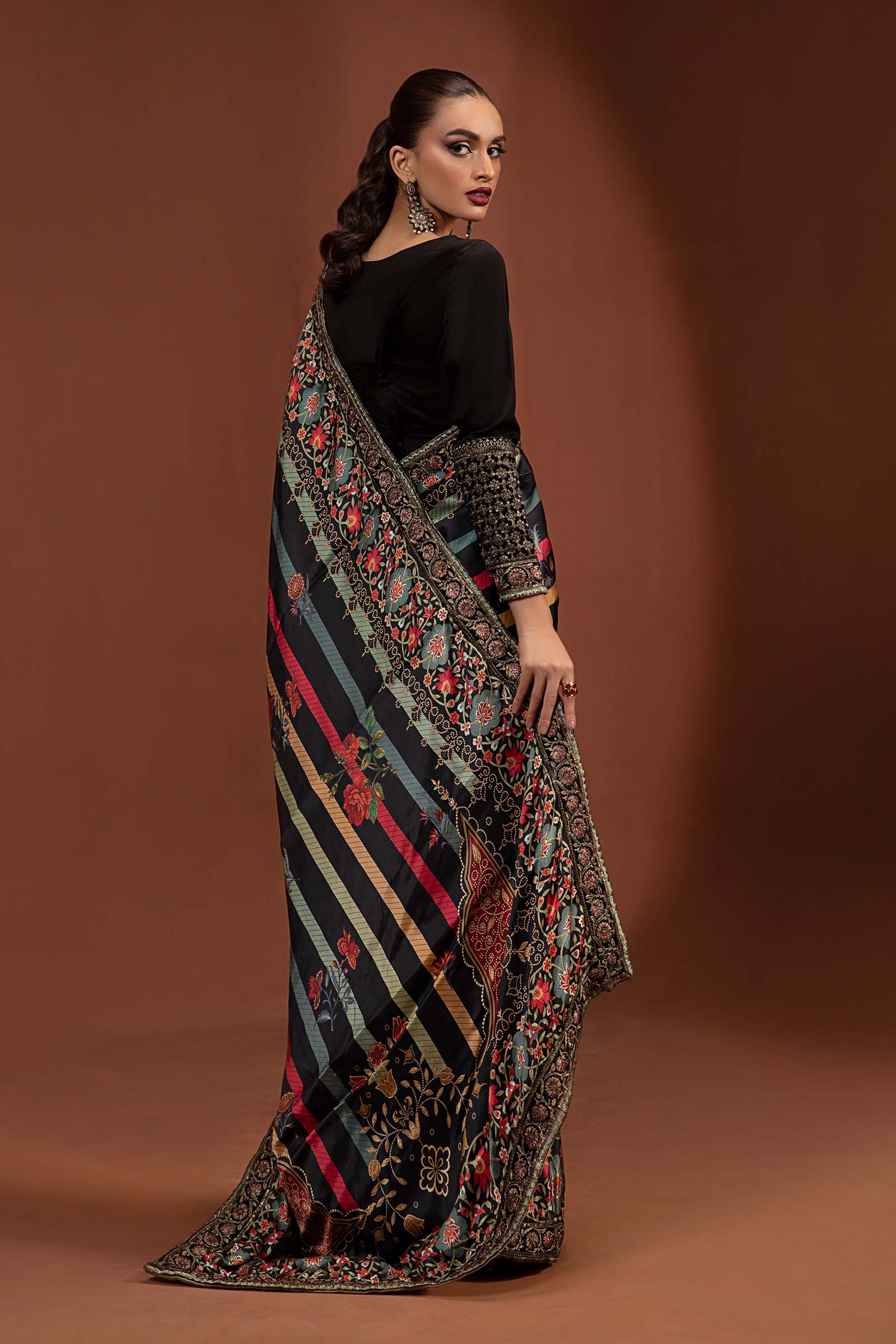 Embroidered Pure Charmeuse Silk Saree - Image 7