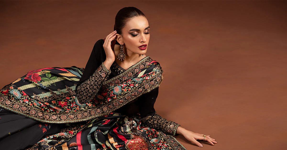 Embroidered Pure Charmeuse Silk Saree - Image 8