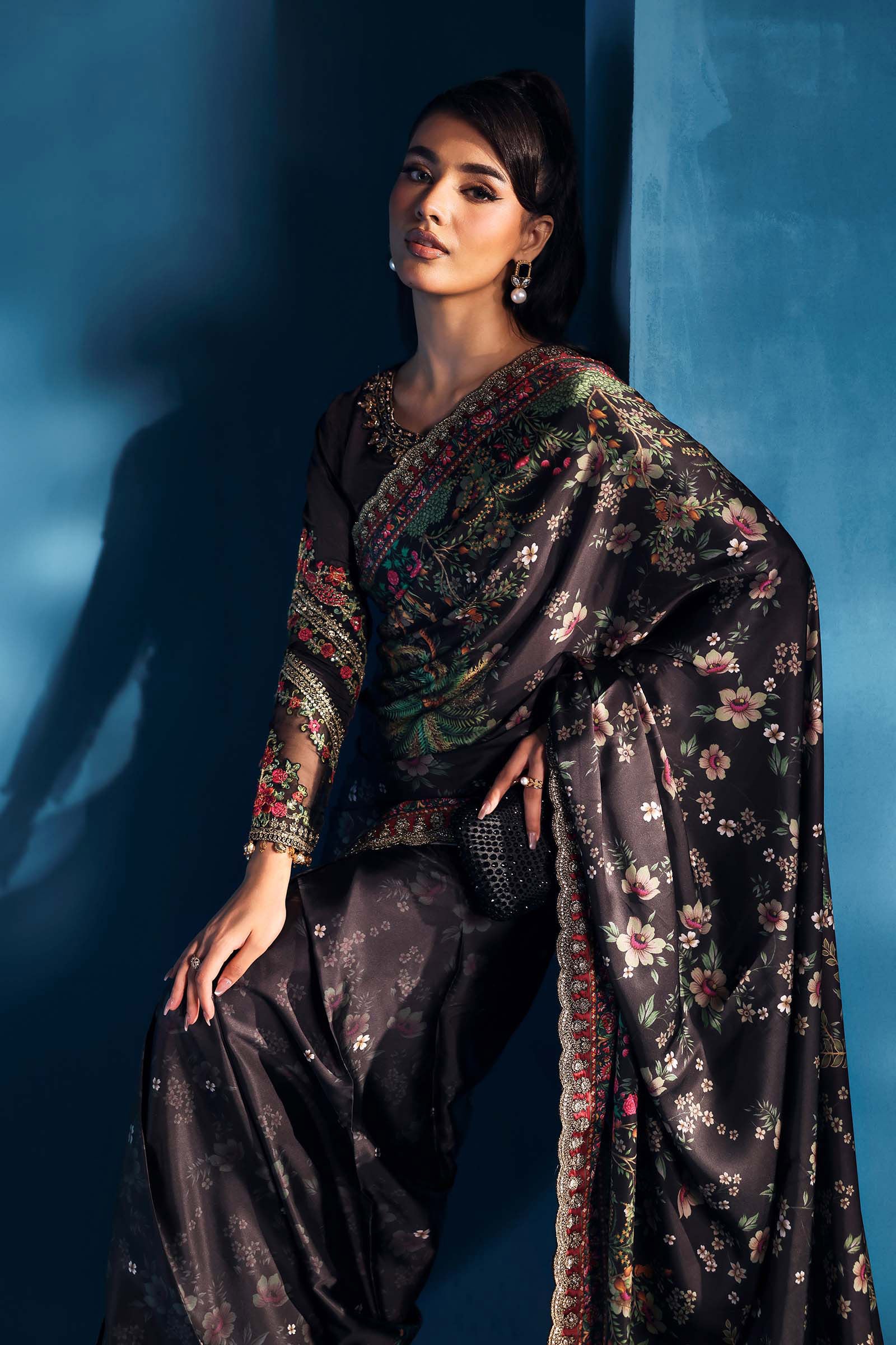 Embroidered Satin Silk Saree - Image 3
