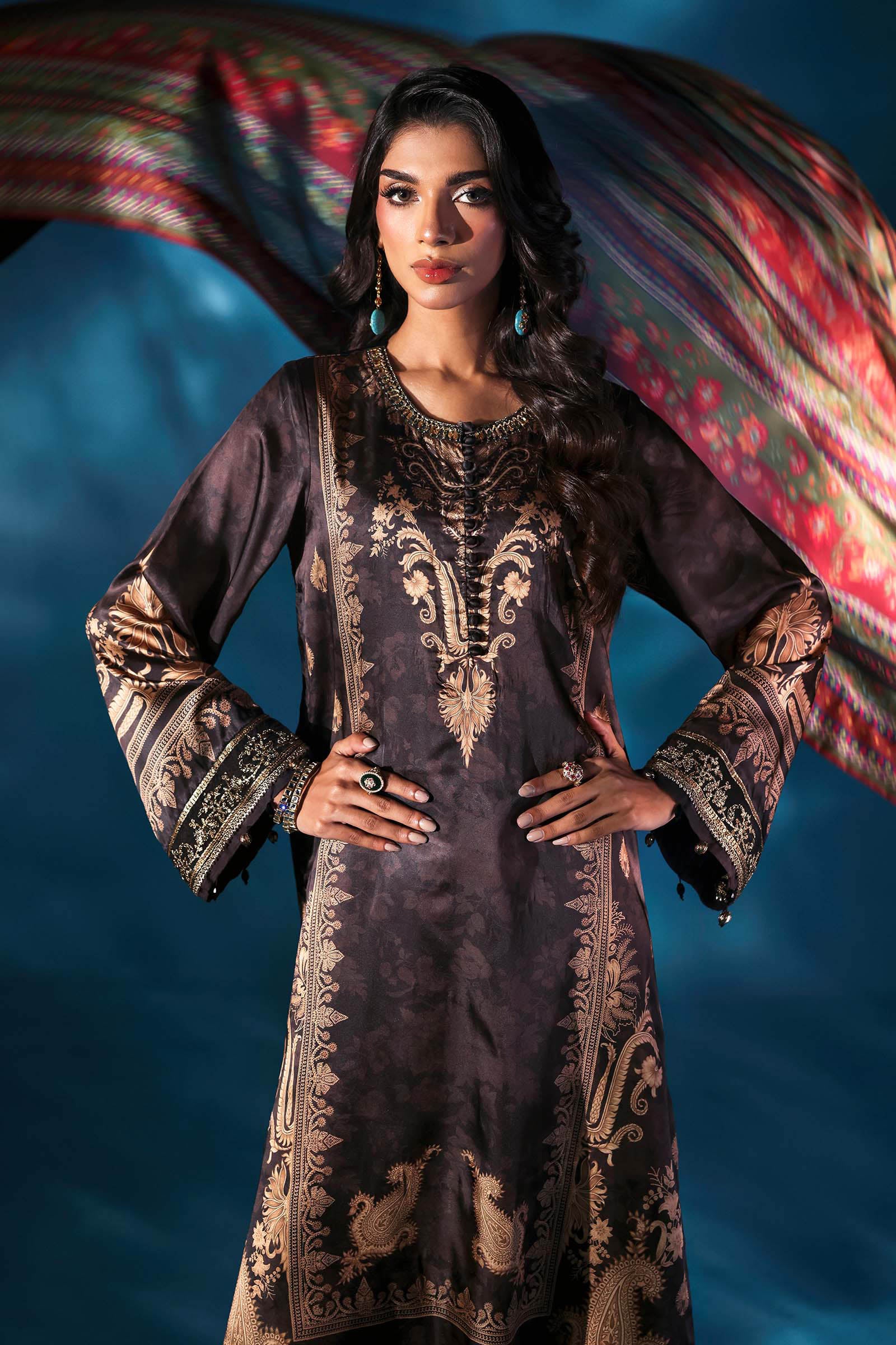 3 Piece Embroidered Satin Silk Suit - Image 3