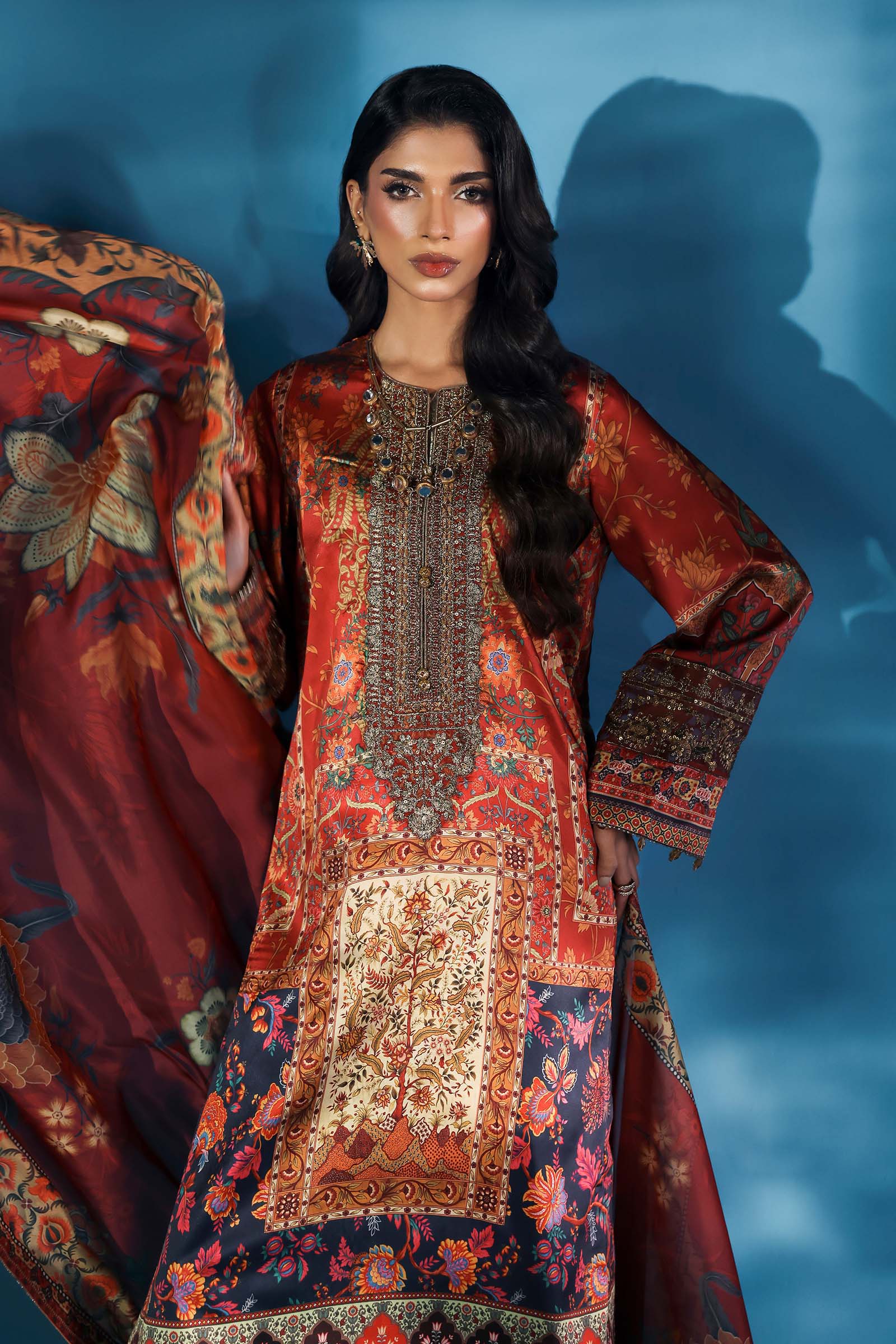 3 Piece Embroidered Satin Silk Suit - Image 3