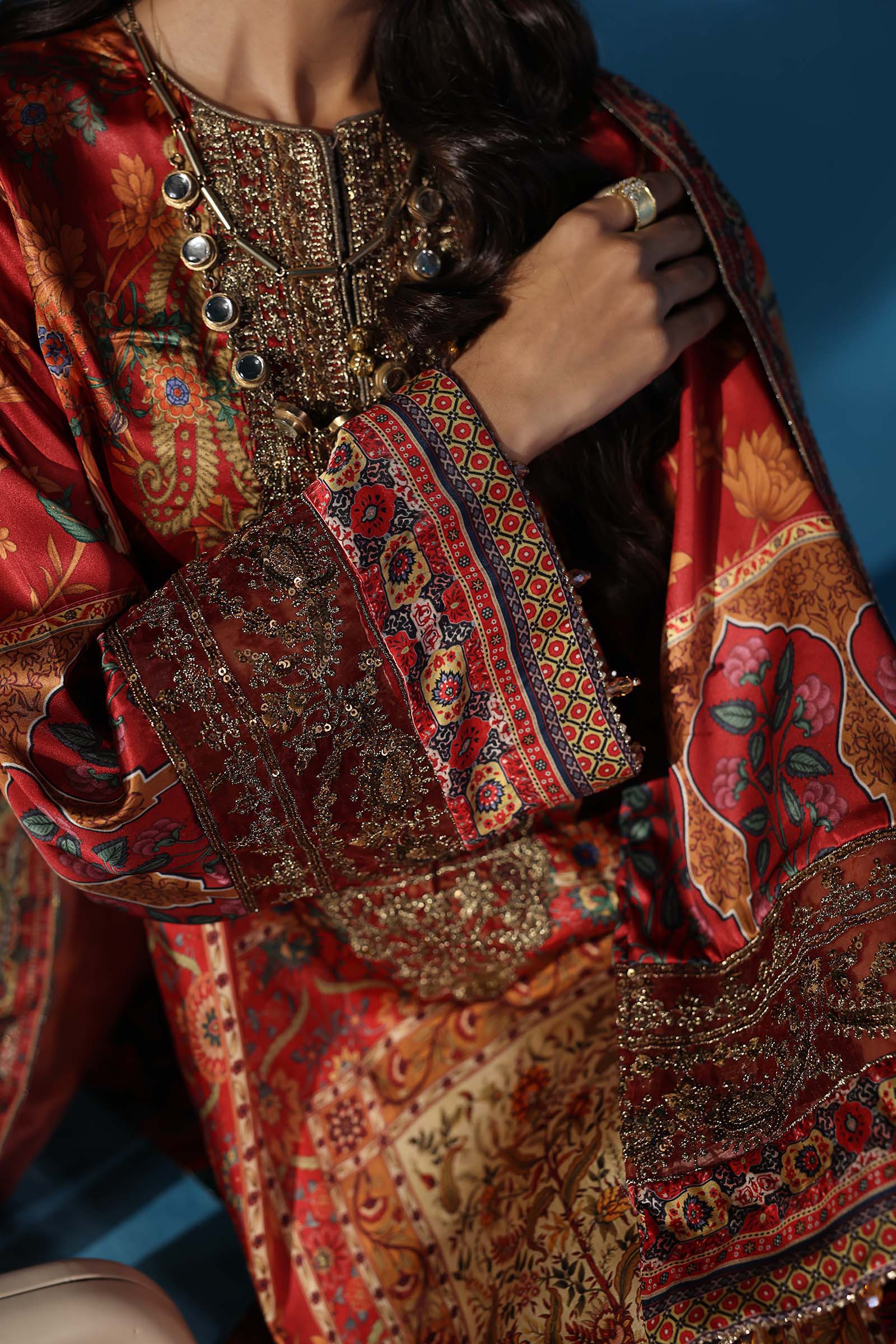 3 Piece Embroidered Satin Silk Suit - Image 5