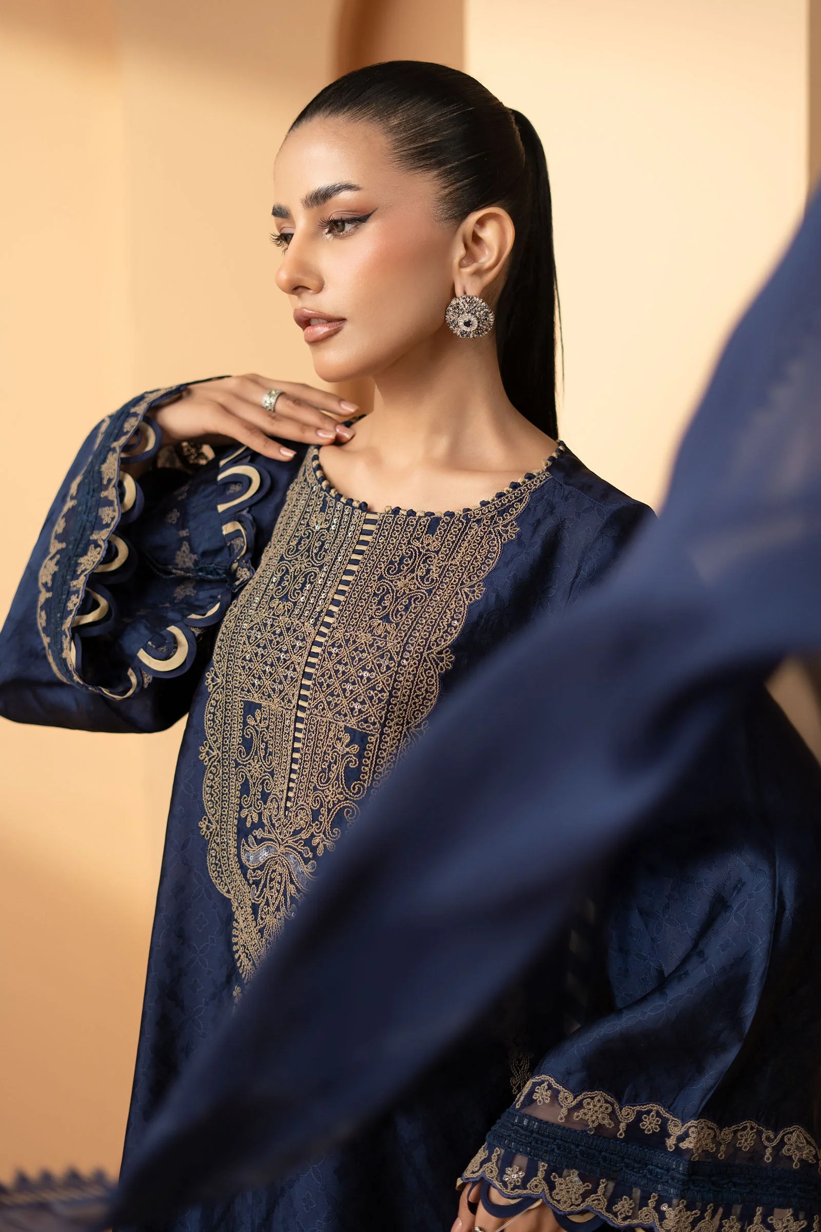 3 Piece Embroidered Self Tassel Silk Suit - Image 2