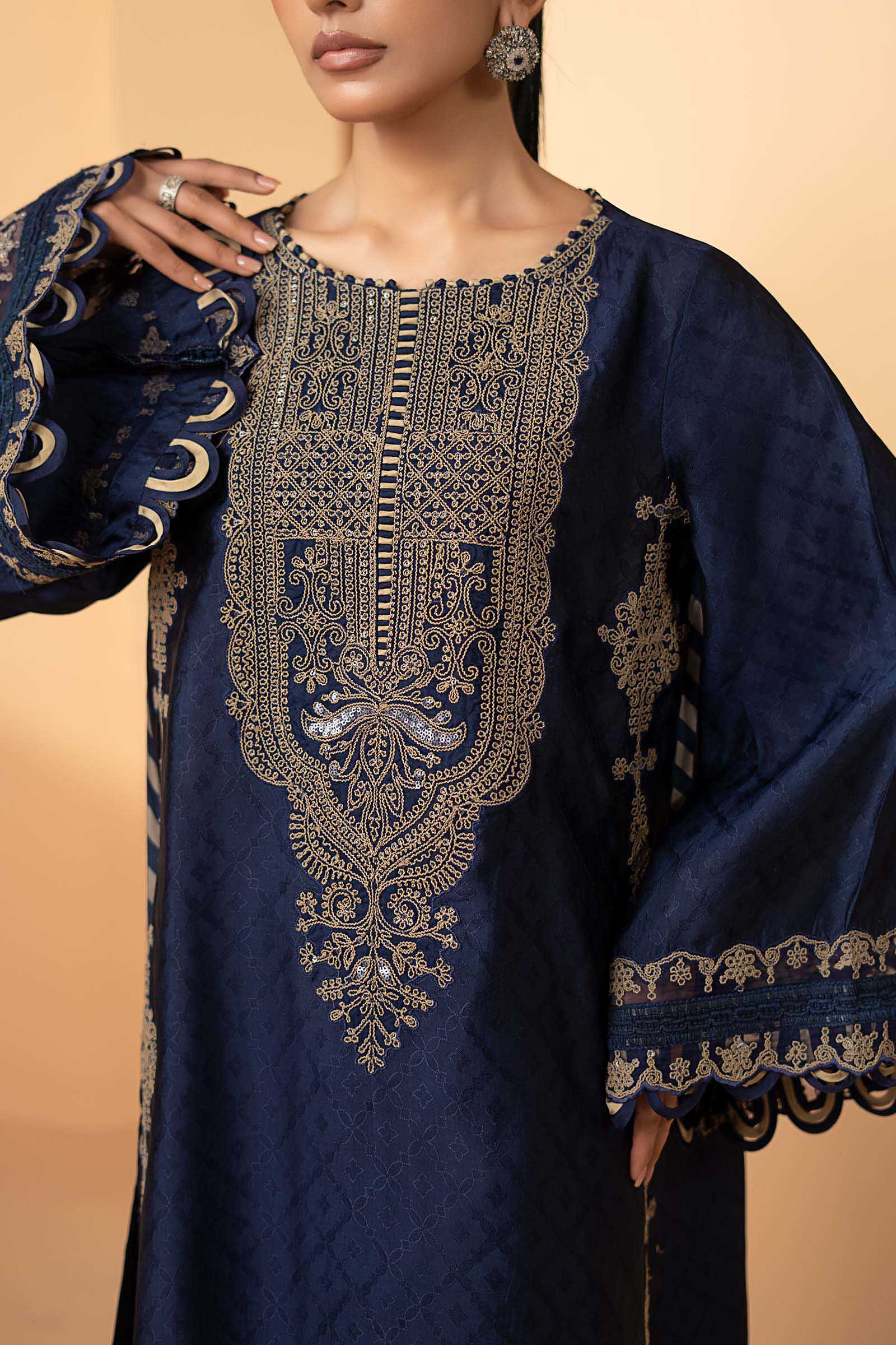 3 Piece Embroidered Self Tassel Silk Suit - Image 3