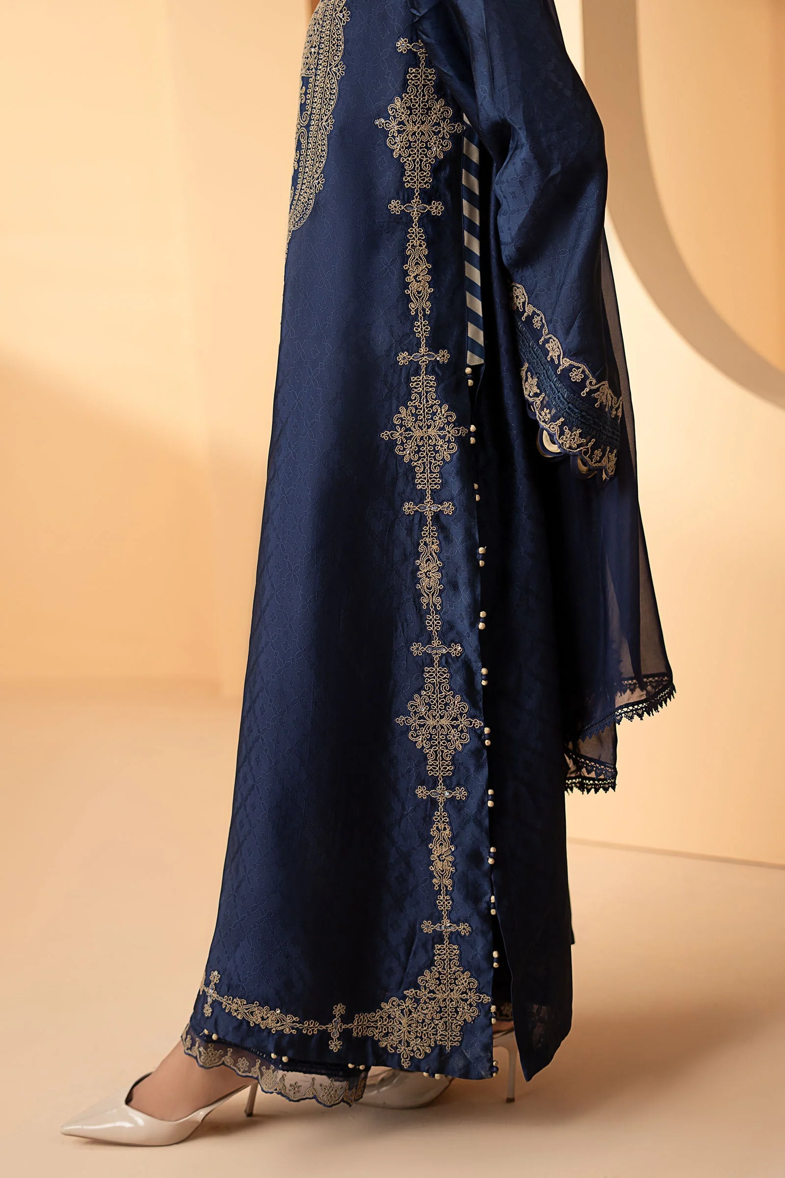 3 Piece Embroidered Self Tassel Silk Suit - Image 5
