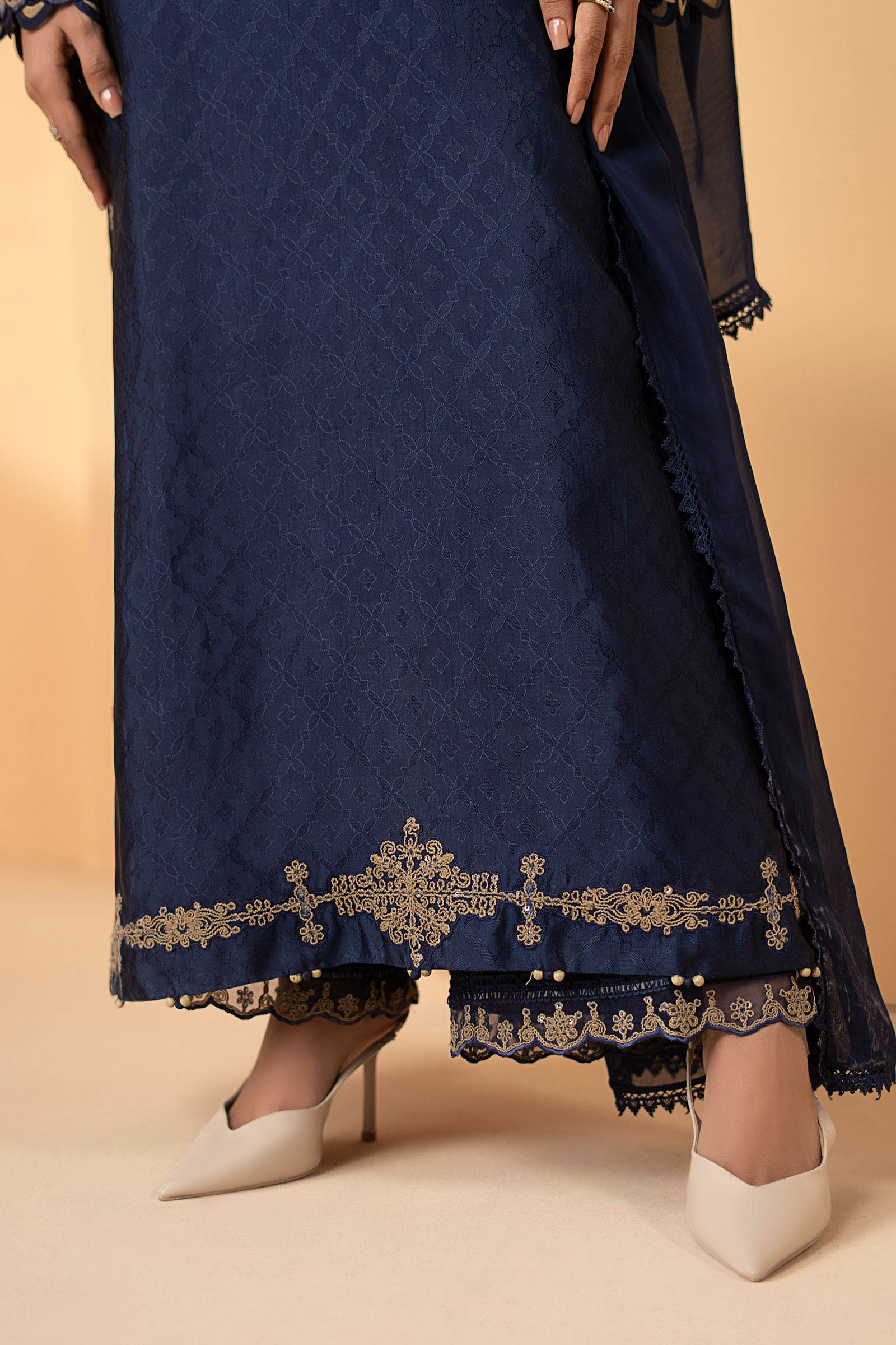 3 Piece Embroidered Self Tassel Silk Suit - Image 6