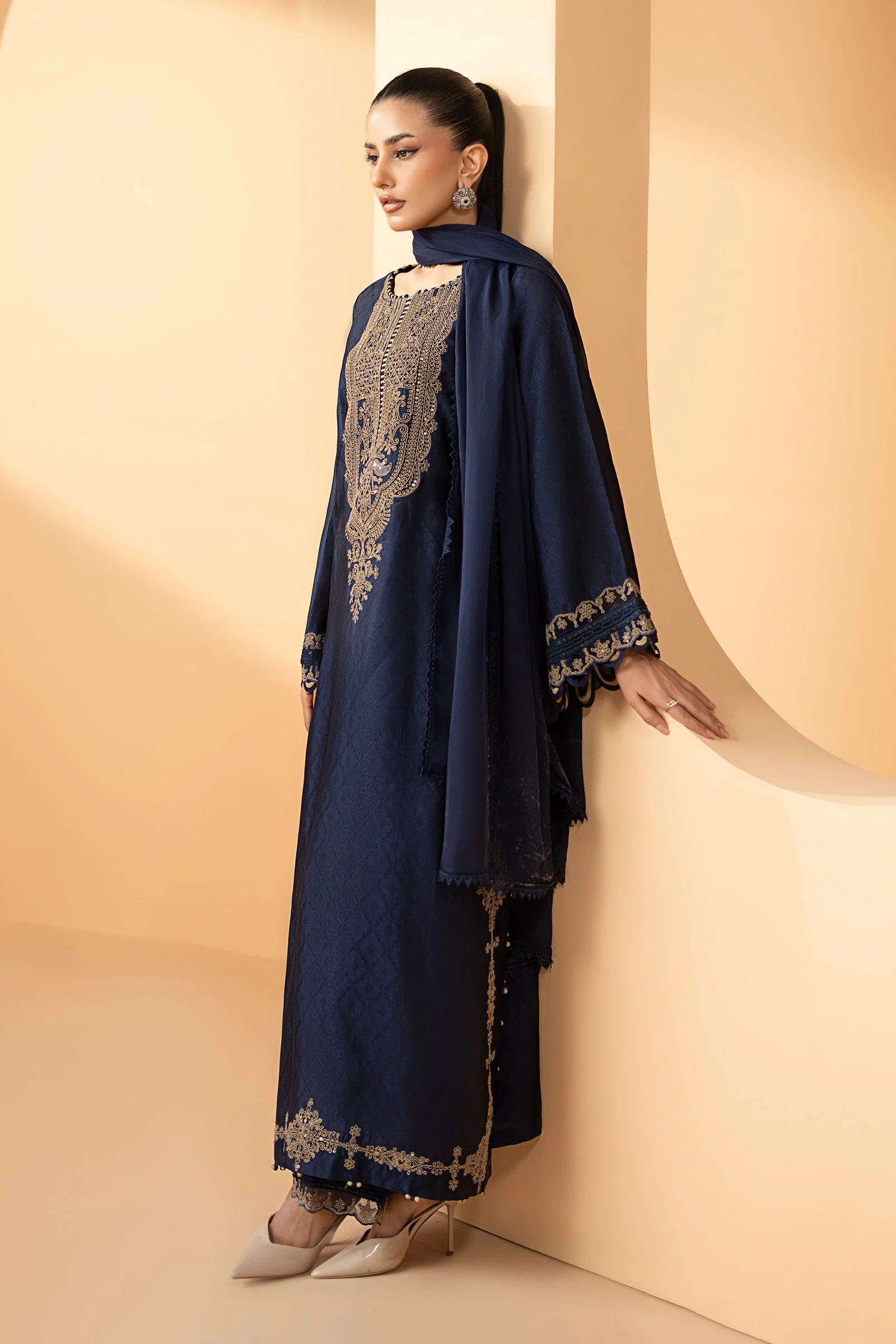 3 Piece Embroidered Self Tassel Silk Suit - Image 7