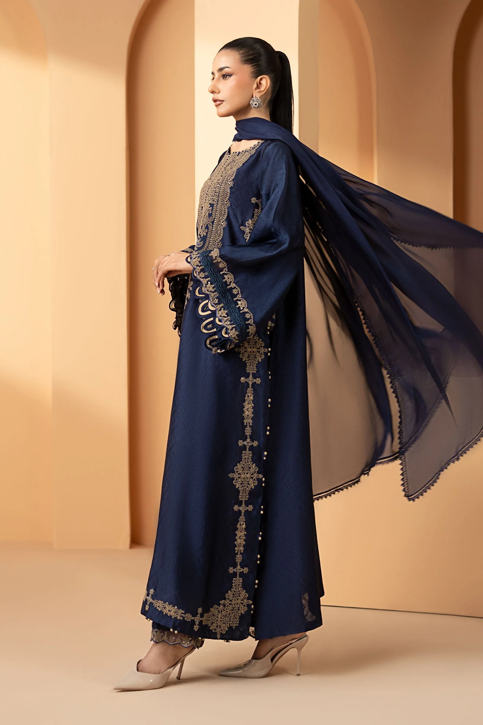 3 Piece Embroidered Self Tassel Silk Suit - Image 8