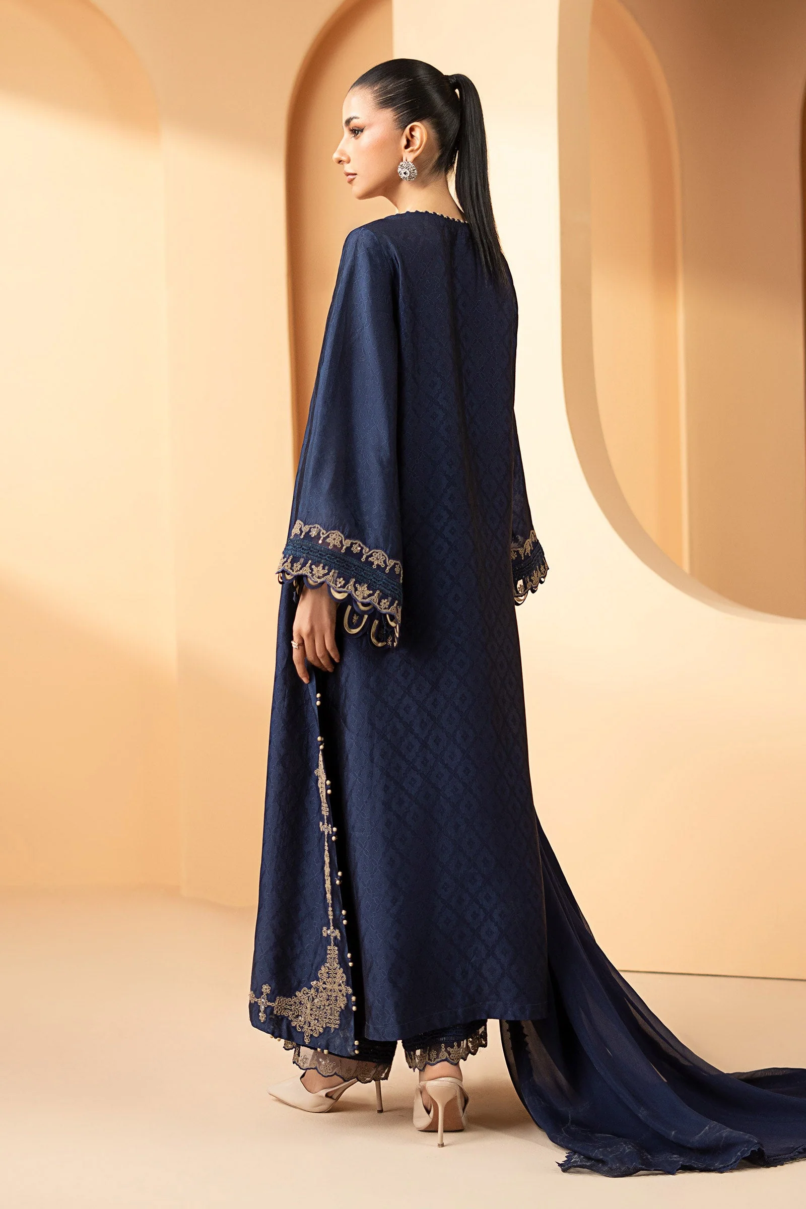 3 Piece Embroidered Self Tassel Silk Suit - Image 9