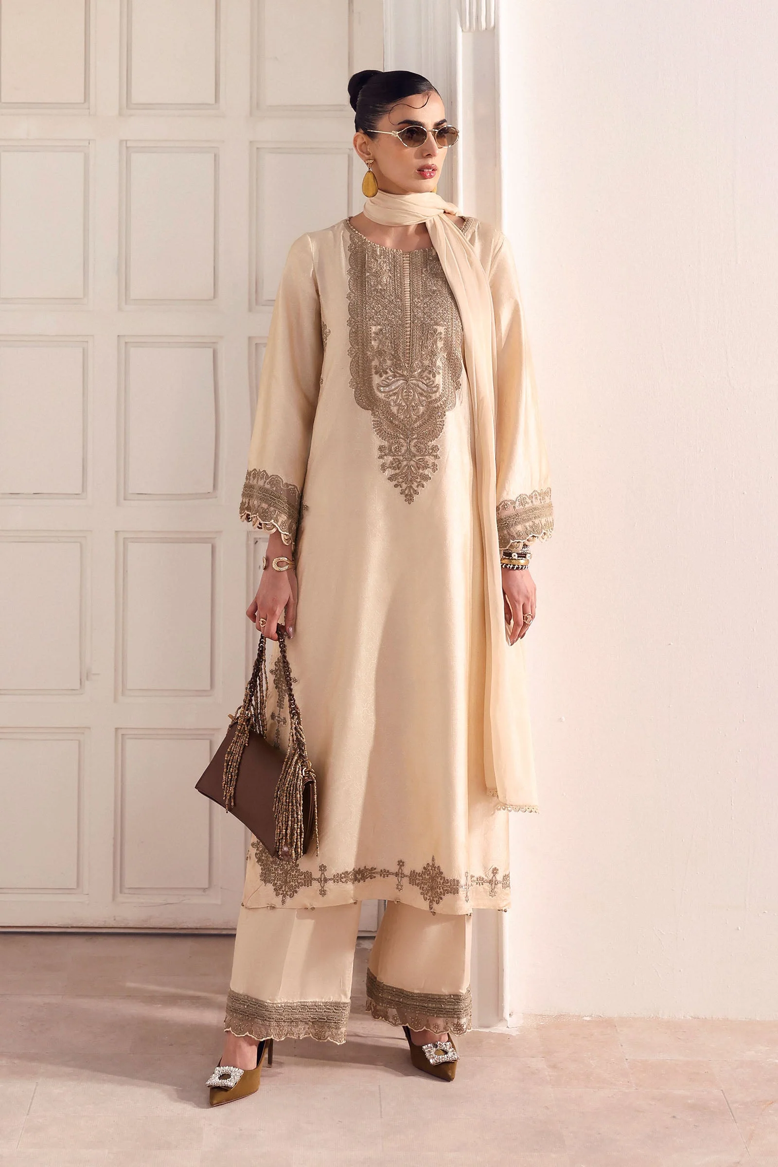 3 Piece Embroidered Self Tassel Silk Suit - Image 2