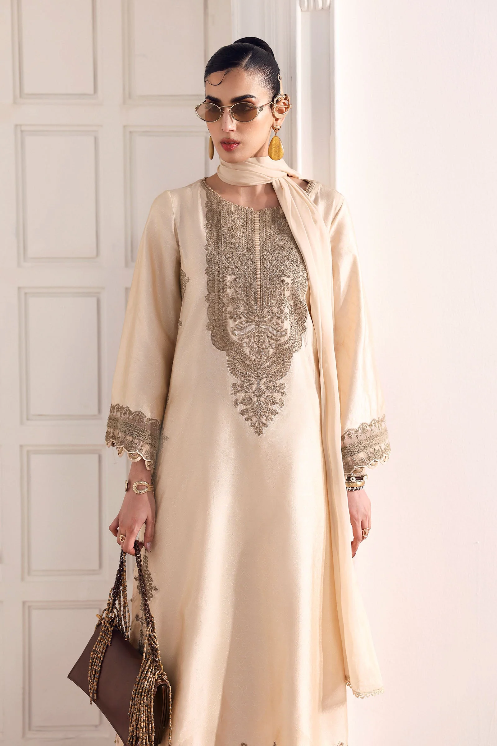 3 Piece Embroidered Self Tassel Silk Suit - Image 3