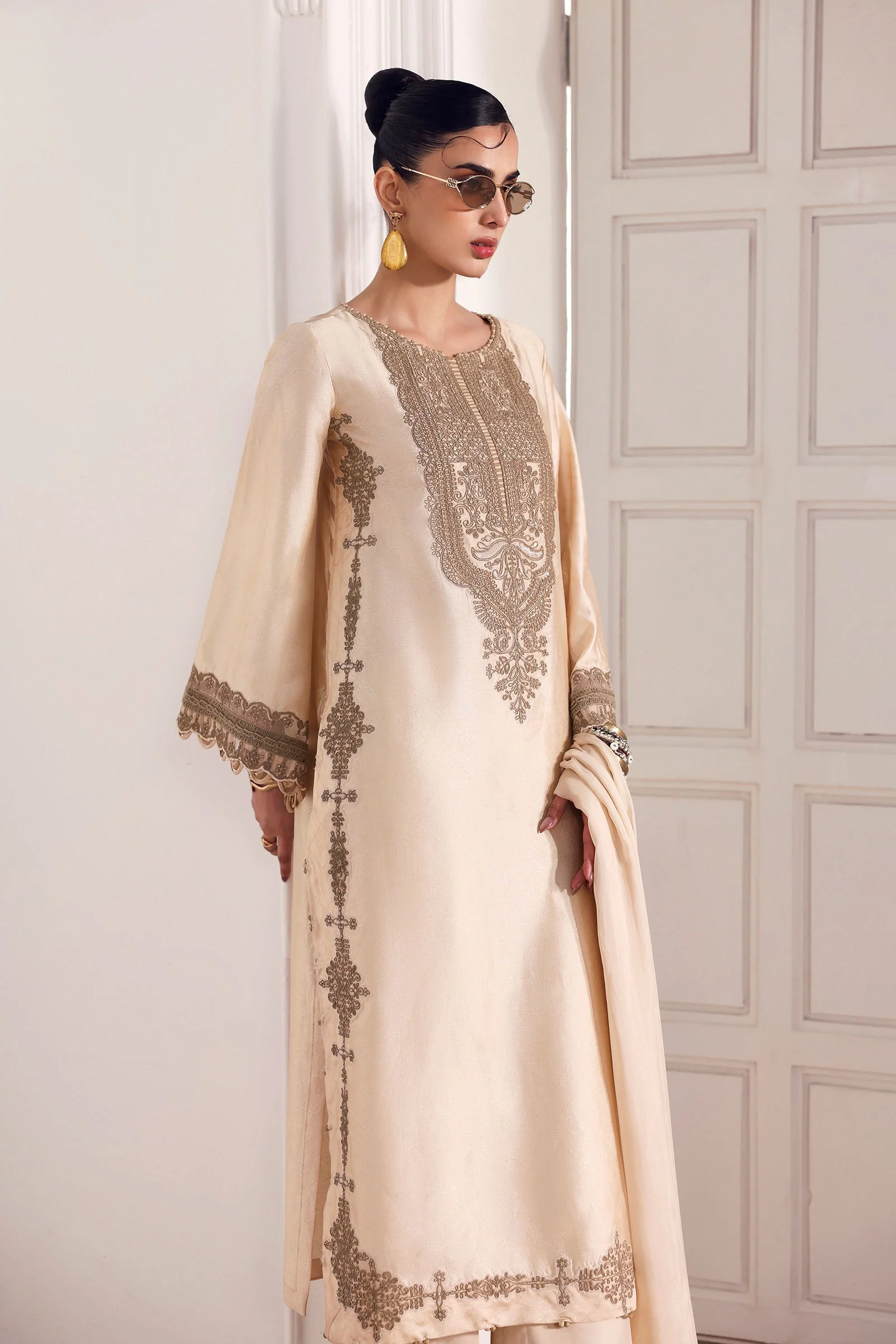 3 Piece Embroidered Self Tassel Silk Suit - Image 4