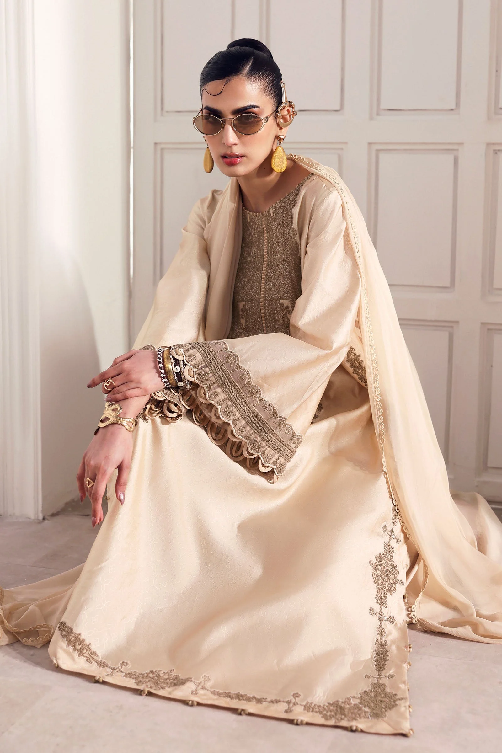 3 Piece Embroidered Self Tassel Silk Suit - Image 5