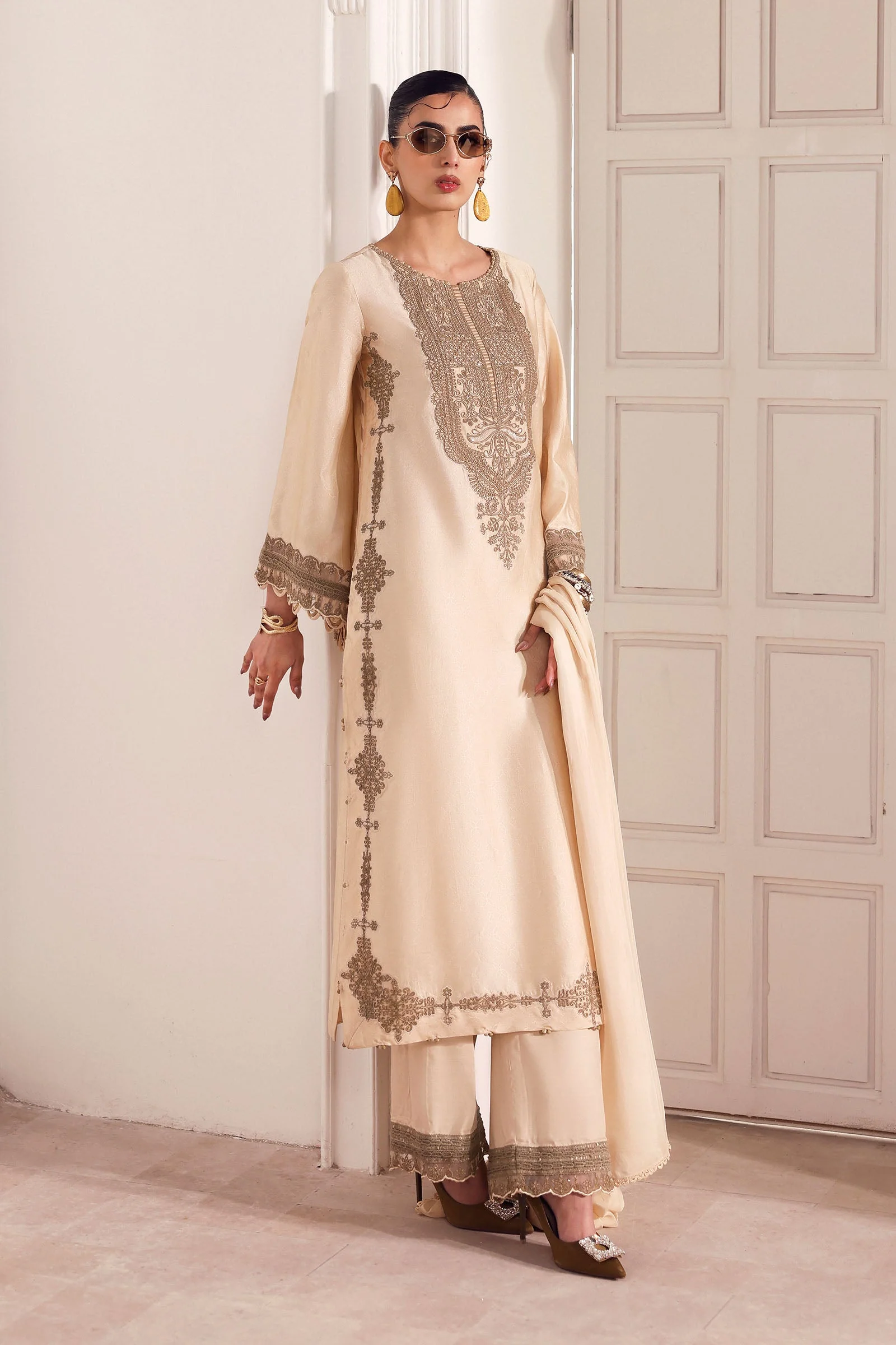 3 Piece Embroidered Self Tassel Silk Suit - Image 6